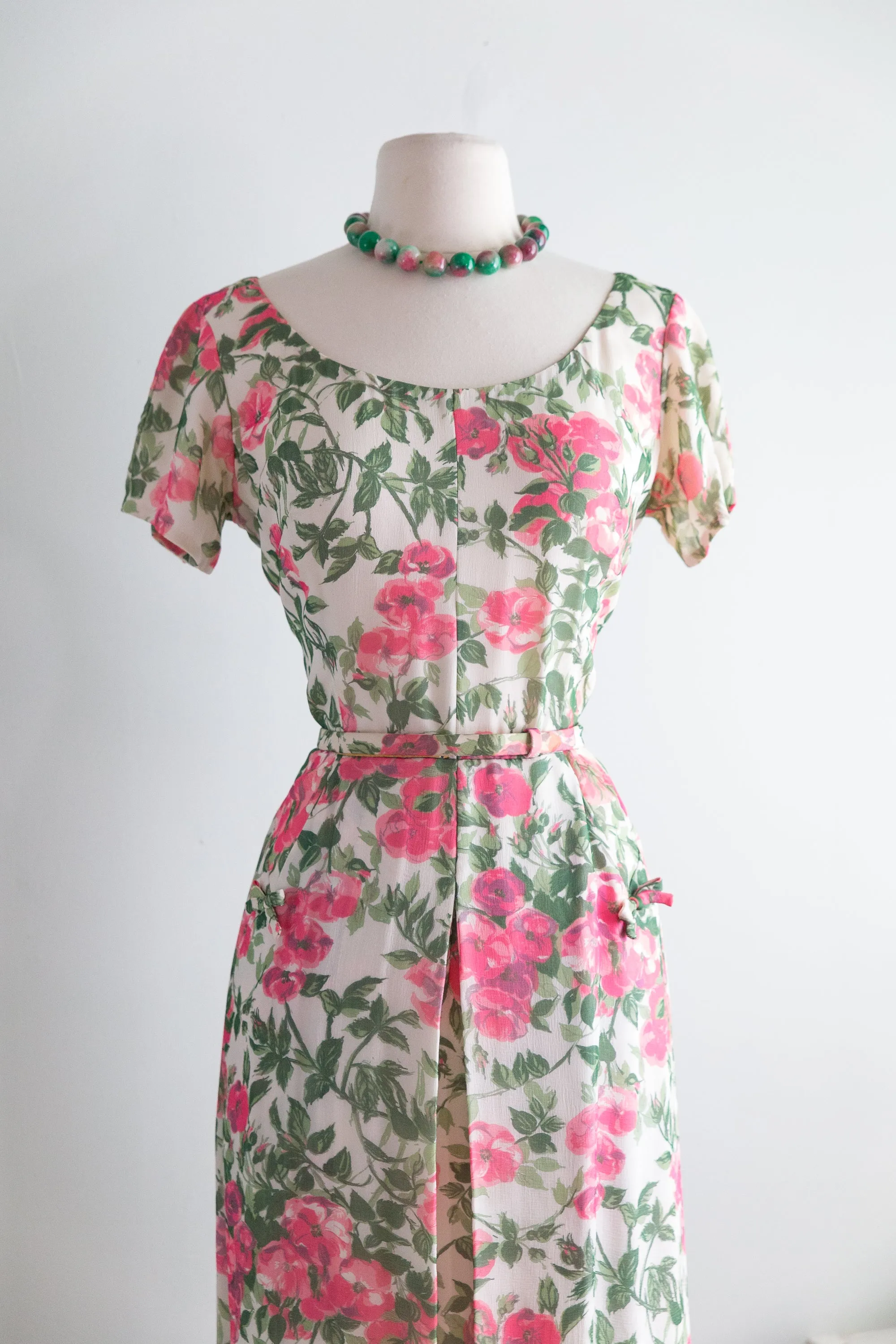 1950's Sophie Gimbel Silk Floral Print Wiggle Dress / Waist 30