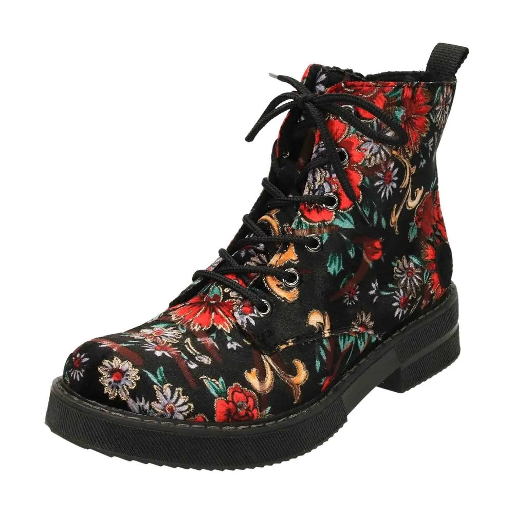 72010-90 Floral Black Multi Lace Up/Side Zip