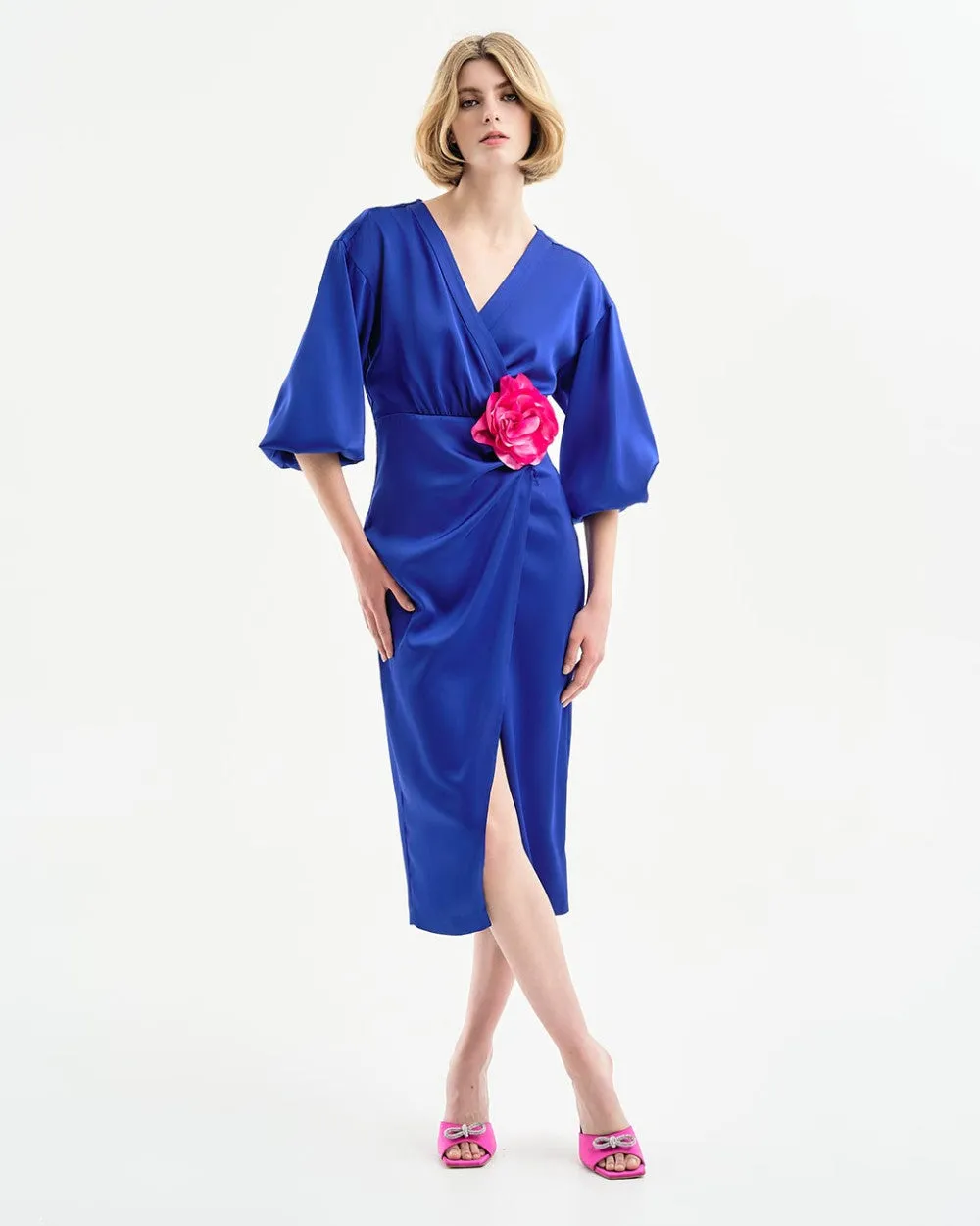 Access Fashion Blue Wrap Midi Satin Dress With Pleats