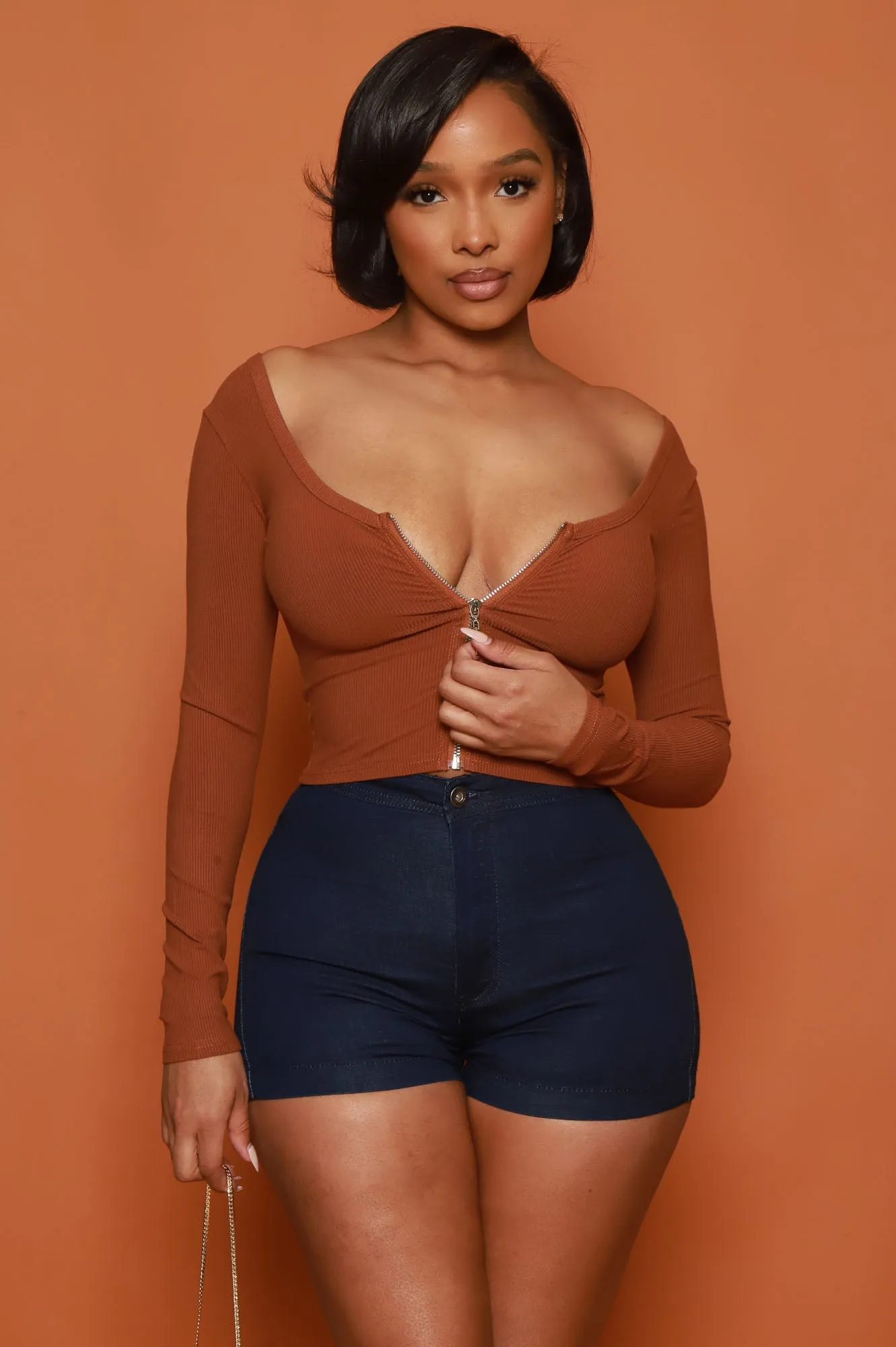 Act Like That Full Zip Crop Top - Coffee