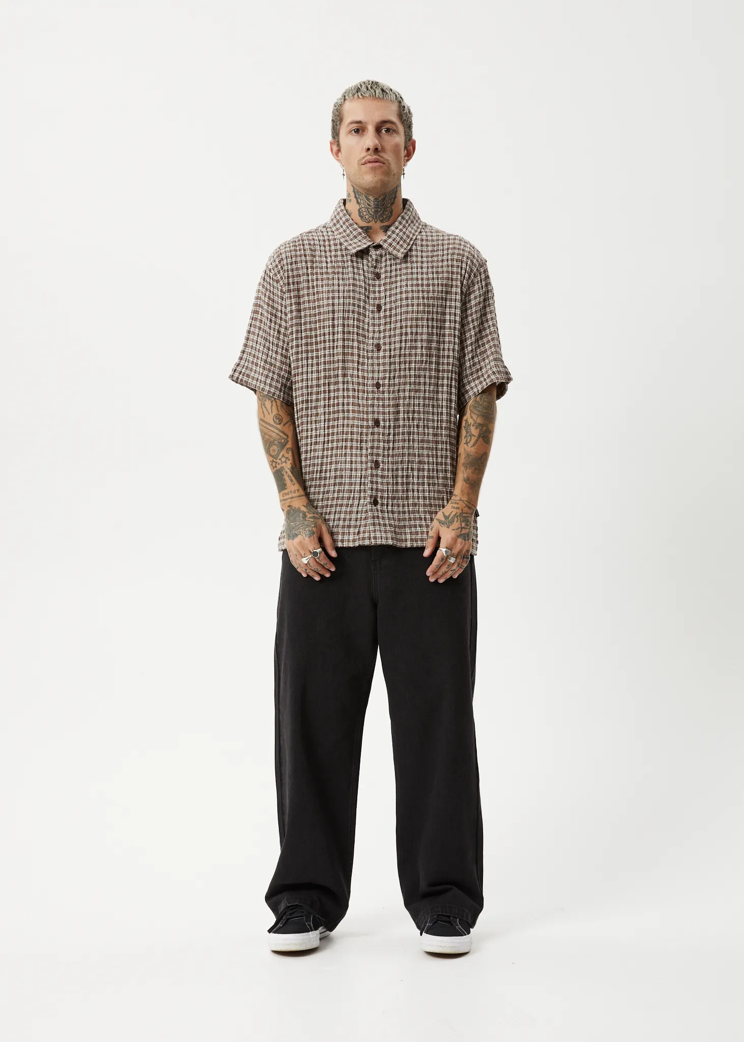 AFENDS Mens Base - Short Sleeve Shirt - Coffee Check