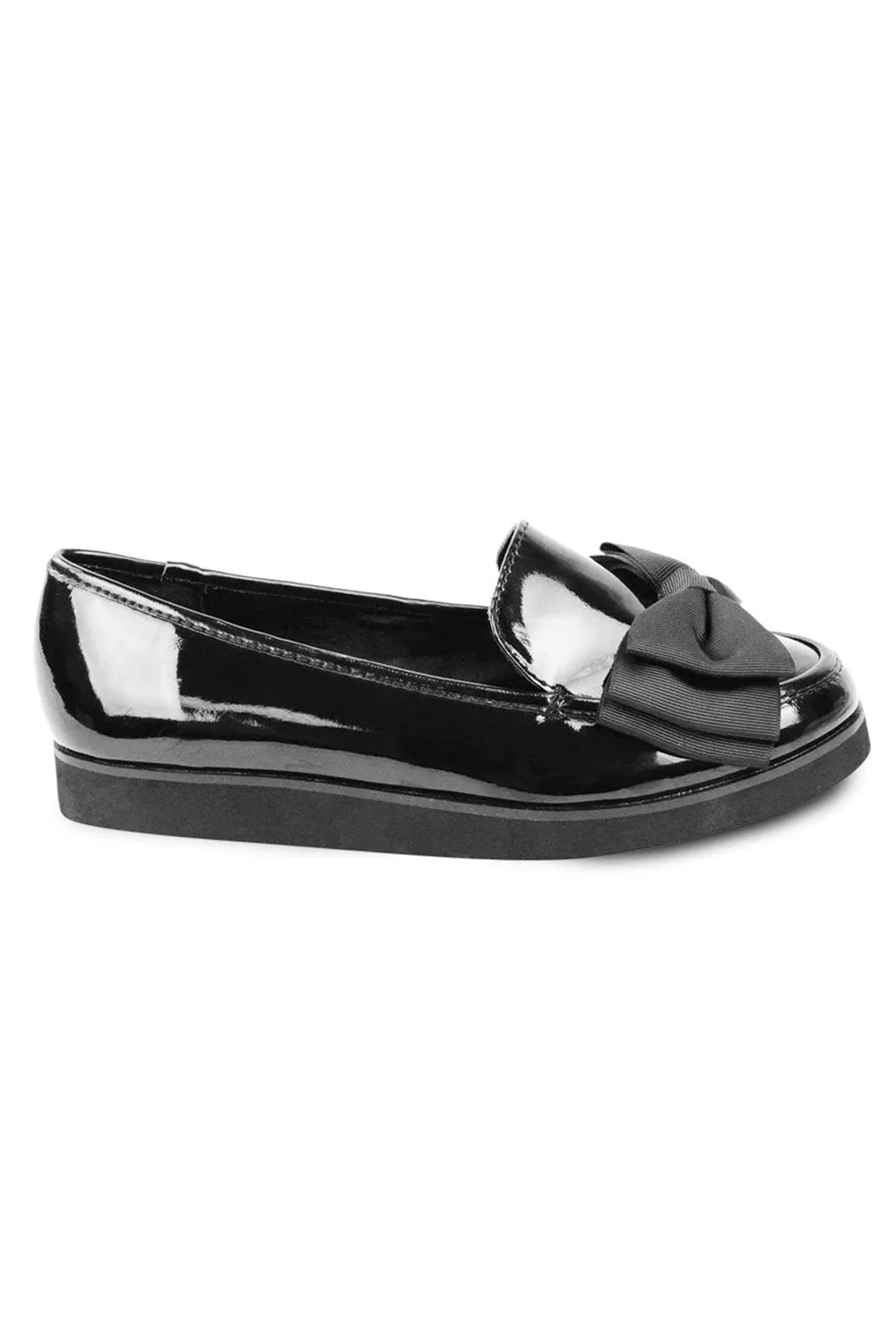 ALPHA WIDE FIT SLIP ON LOAFER SLIDER WITH BOW DETAIL IN BLACK PATENT FAUX LEATHER