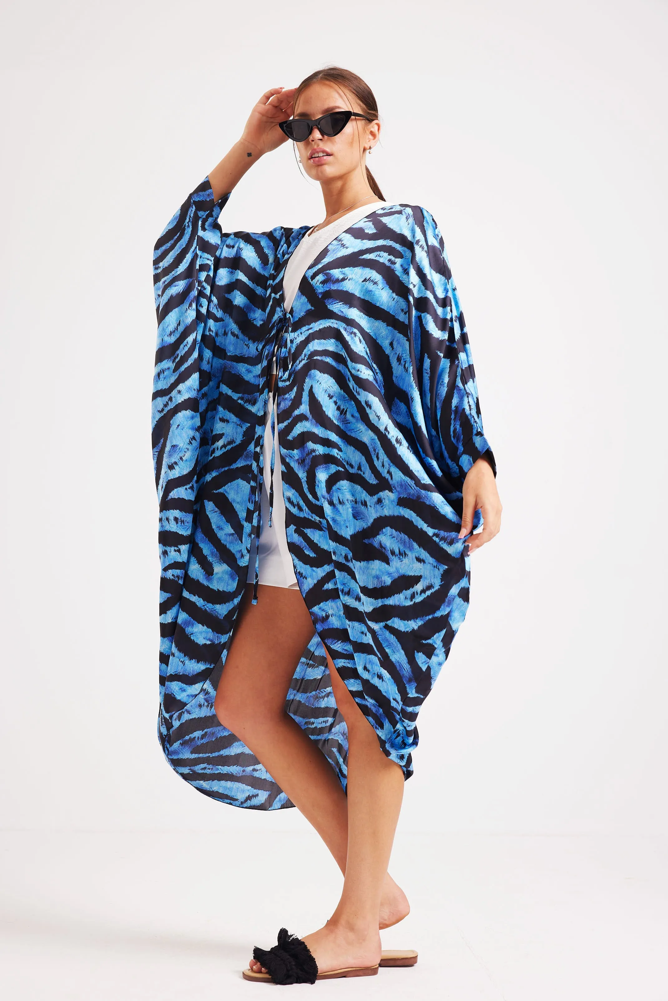 ANIMAL PRINT SATIN KIMONO - BLUE