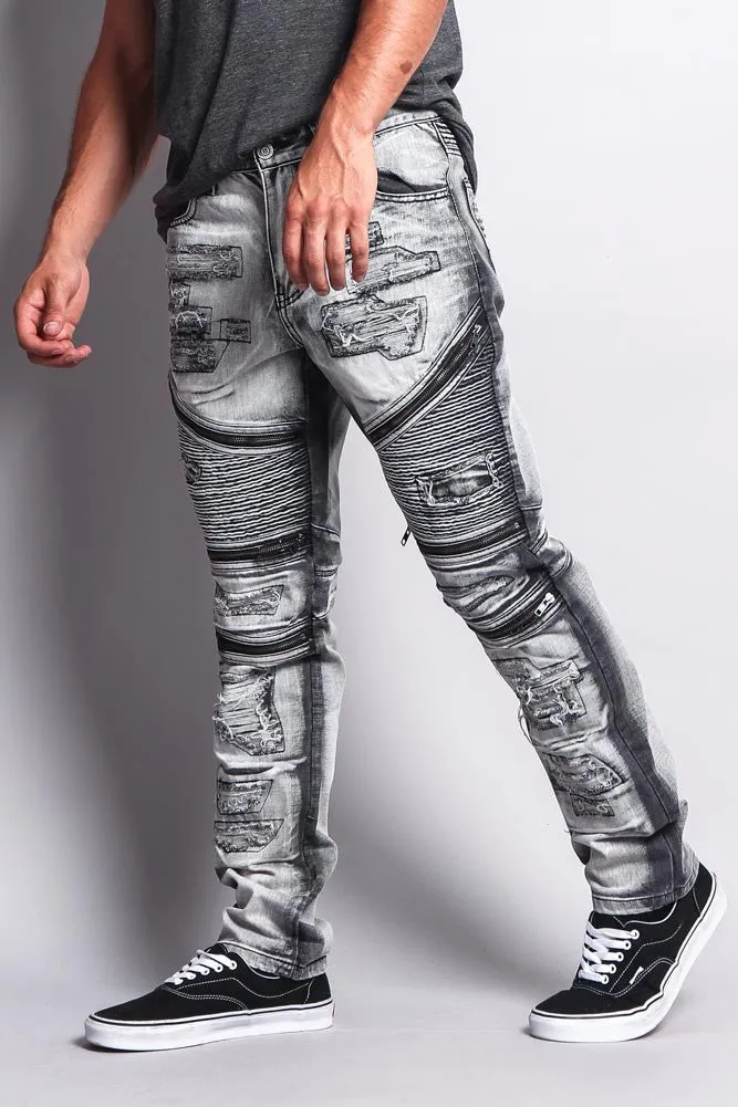 Biker Distressed Washed Slim Jeans