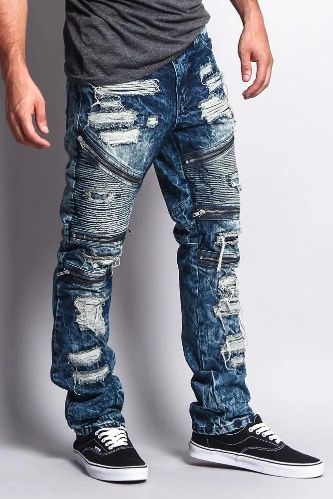 Biker Distressed Washed Slim Jeans