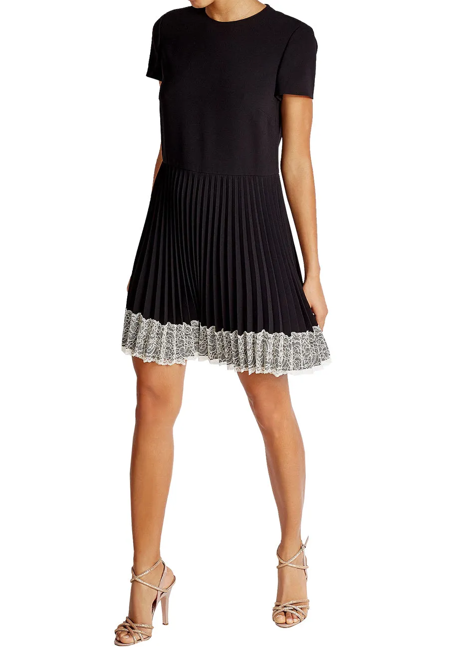 Black Short Sleeves Pleated Lace Hem Mini Dress