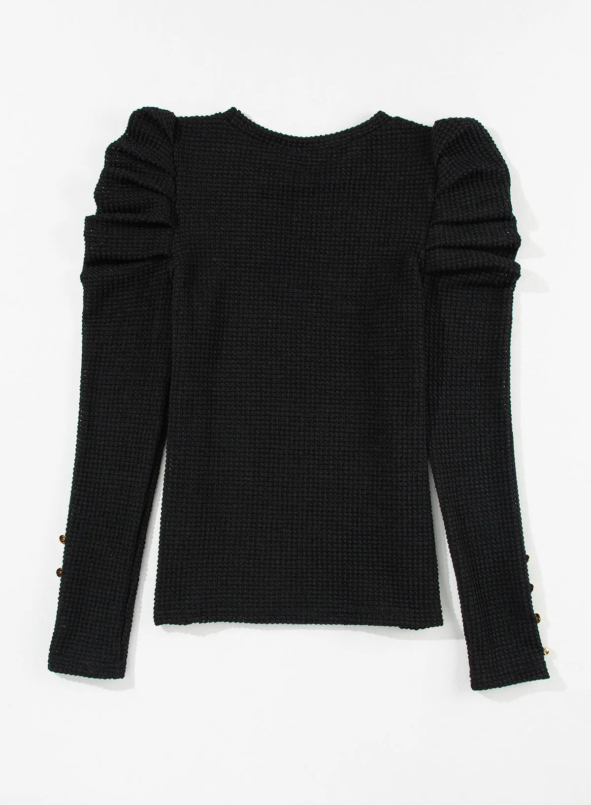 Black Solid Color Textured Buttoned Gigot Sleeve Top