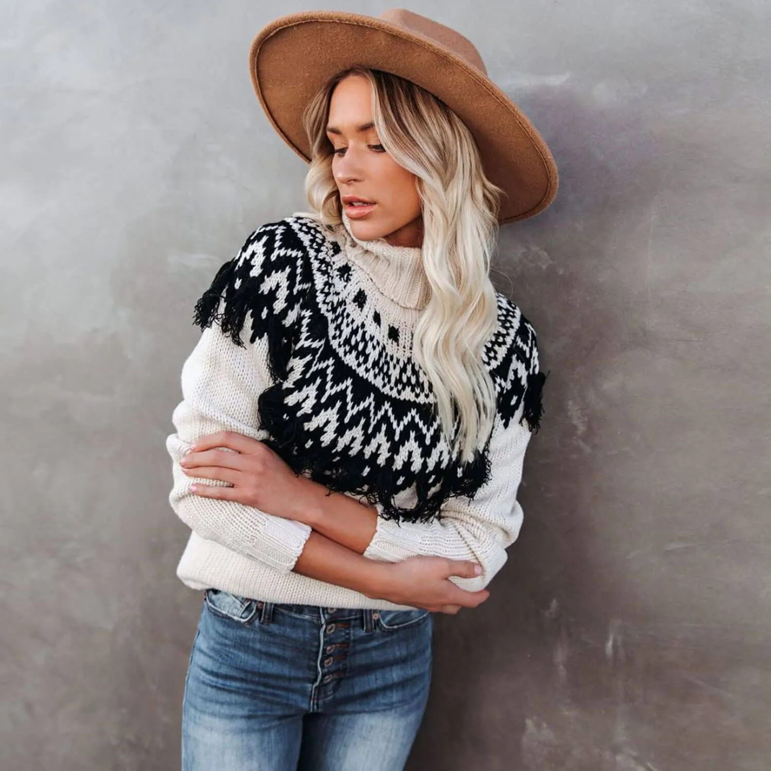 Boho Fair Isle Fringe Long Sleeve Turtleneck Cream Pullover Sweater