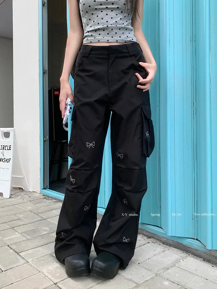 Bow Hot Diamond Multi-Pocket Korean Fashion Y2k Street Casual High Waist Straight Leg Pants