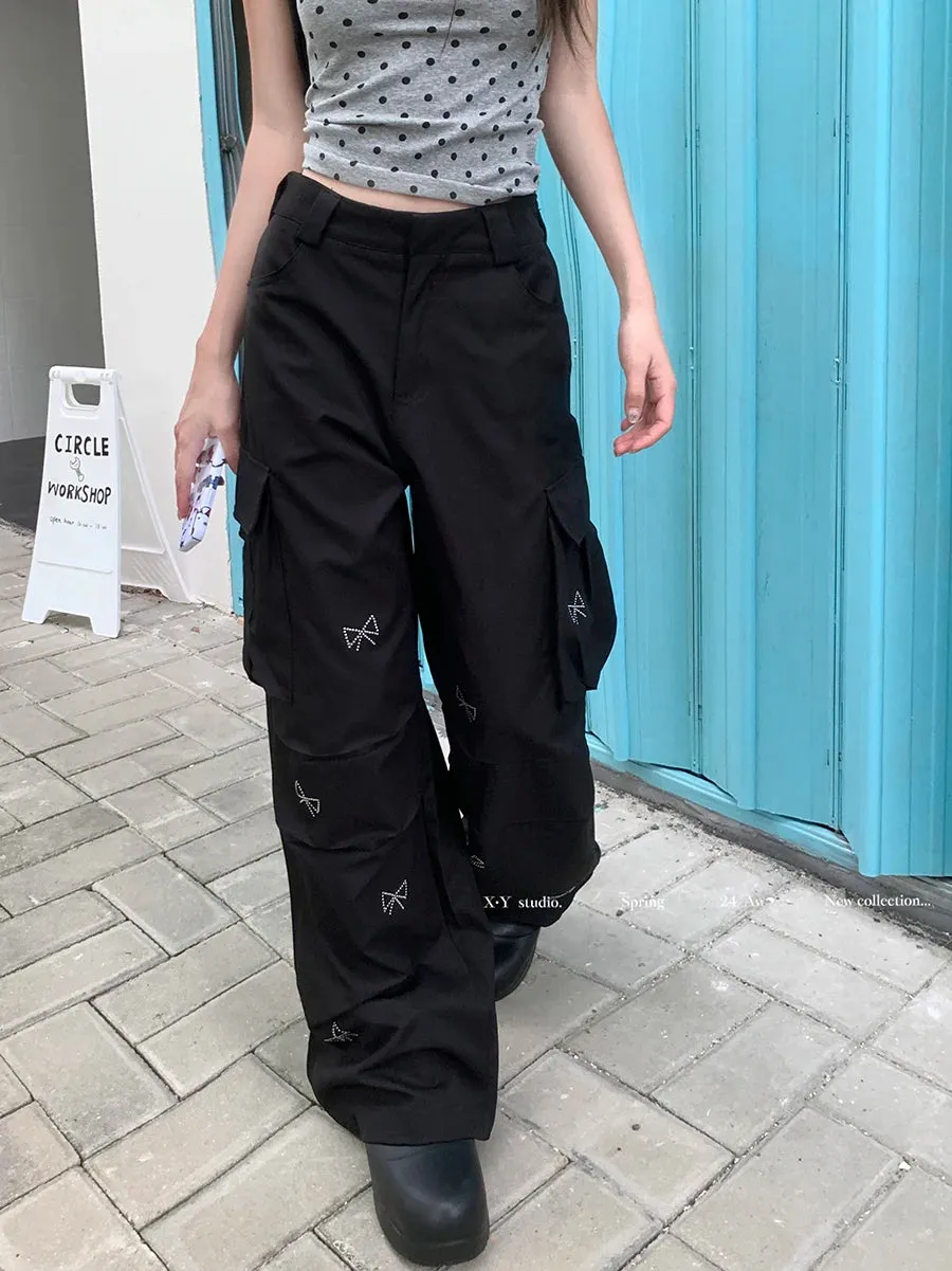 Bow Hot Diamond Multi-Pocket Korean Fashion Y2k Street Casual High Waist Straight Leg Pants