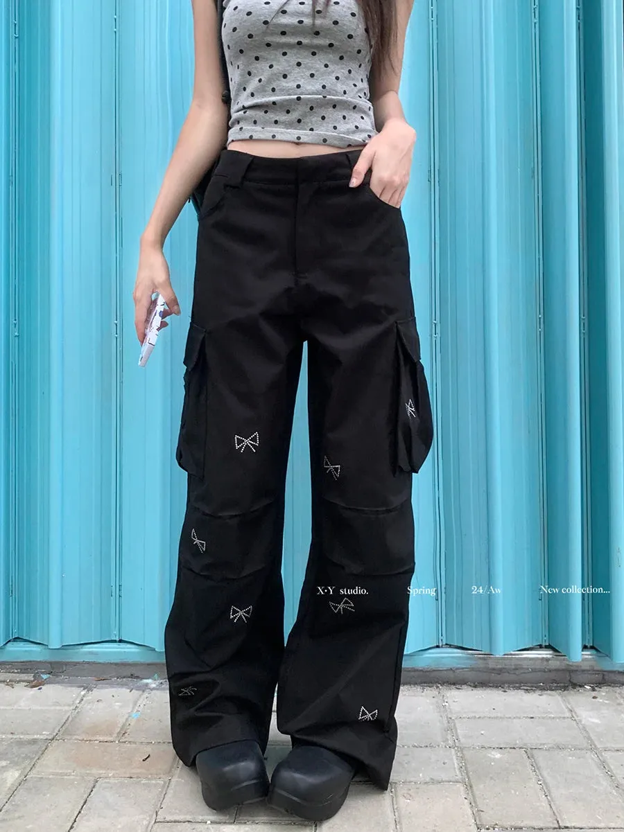 Bow Hot Diamond Multi-Pocket Korean Fashion Y2k Street Casual High Waist Straight Leg Pants