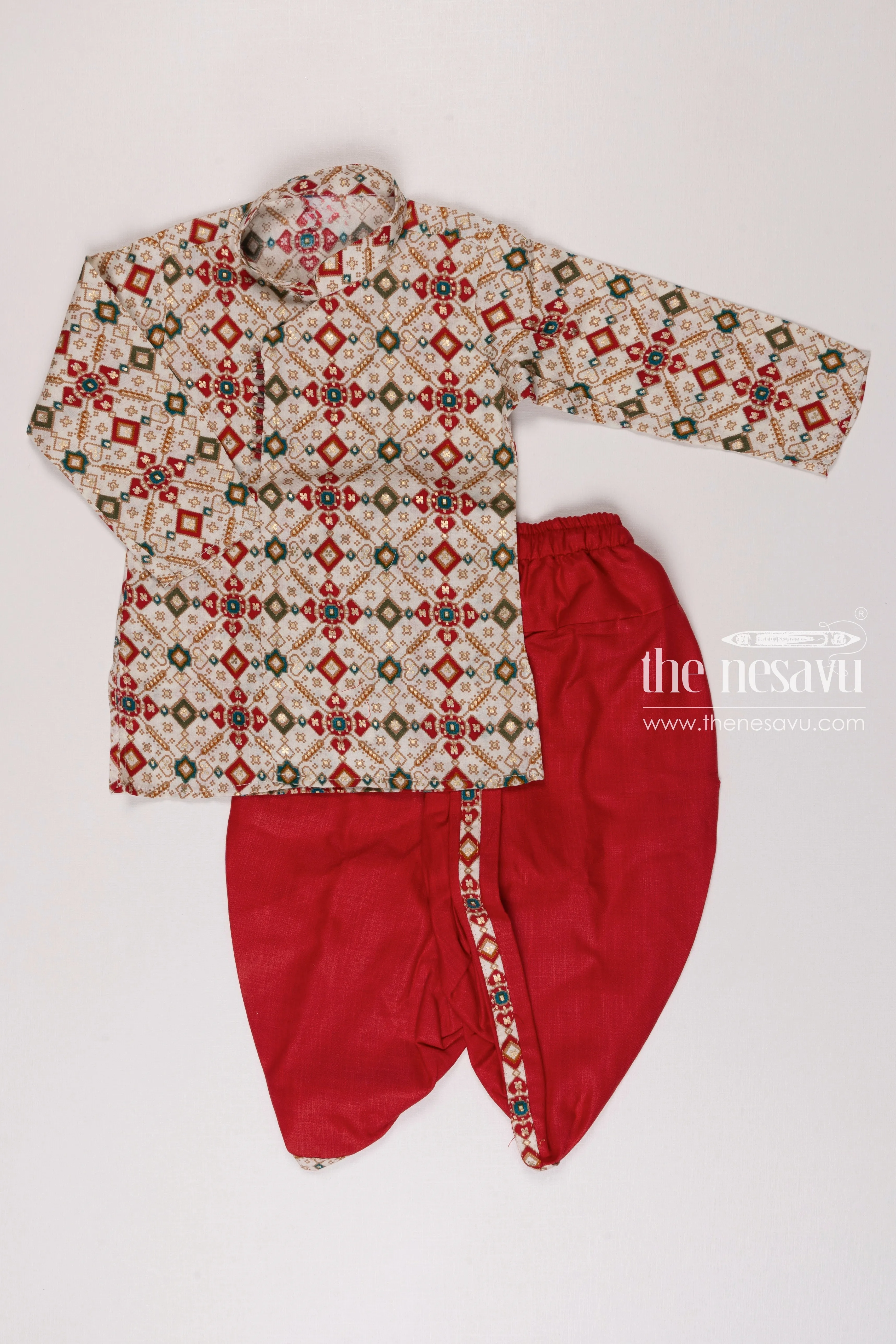 Boys Traditional Geometric Kurta with Crimson Dhoti Set