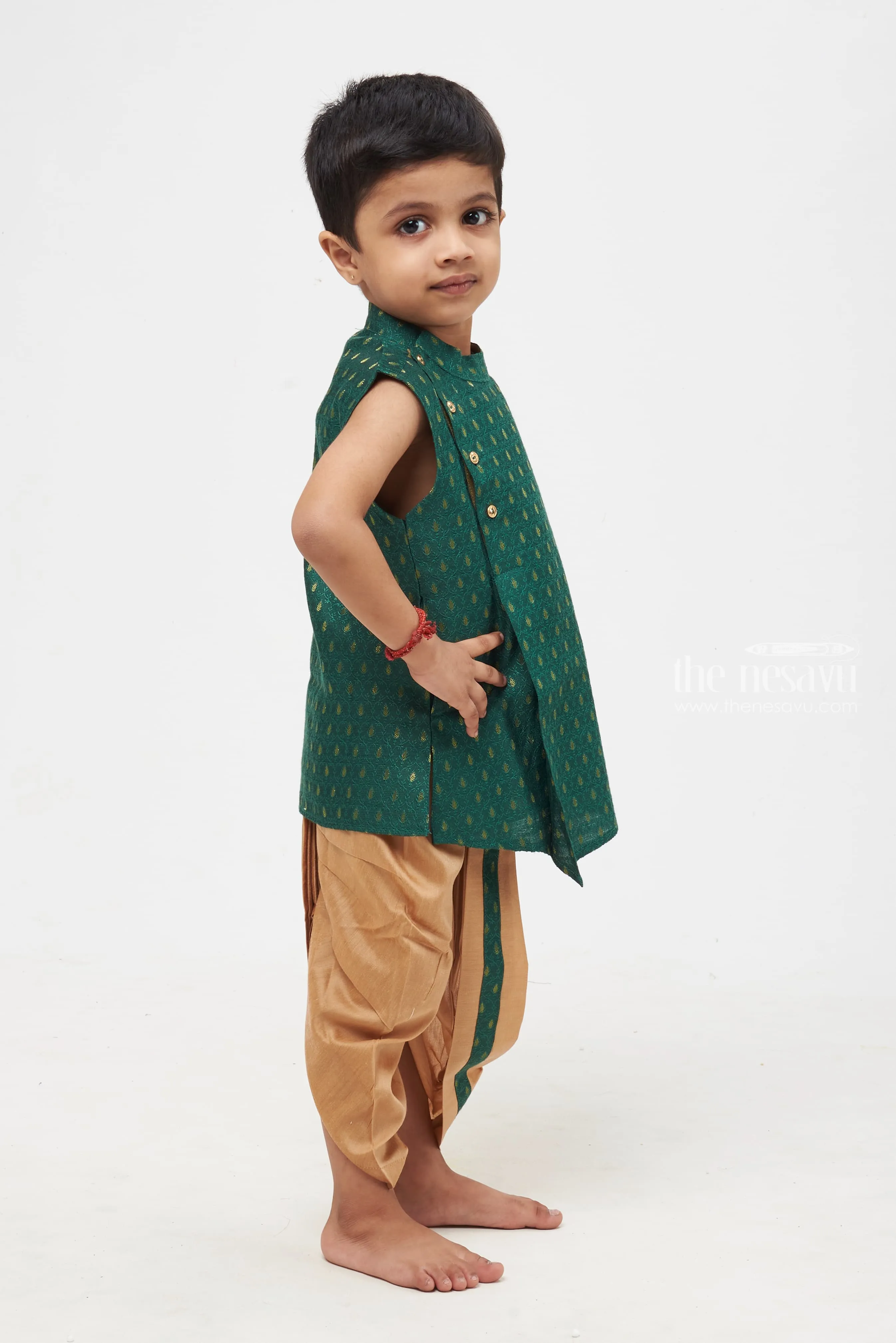 Boys Traditional Teal Green Brocade Waistcoat Set with Dual-Stripe Taupe Pants - Ethnic Festive Wear for Kids