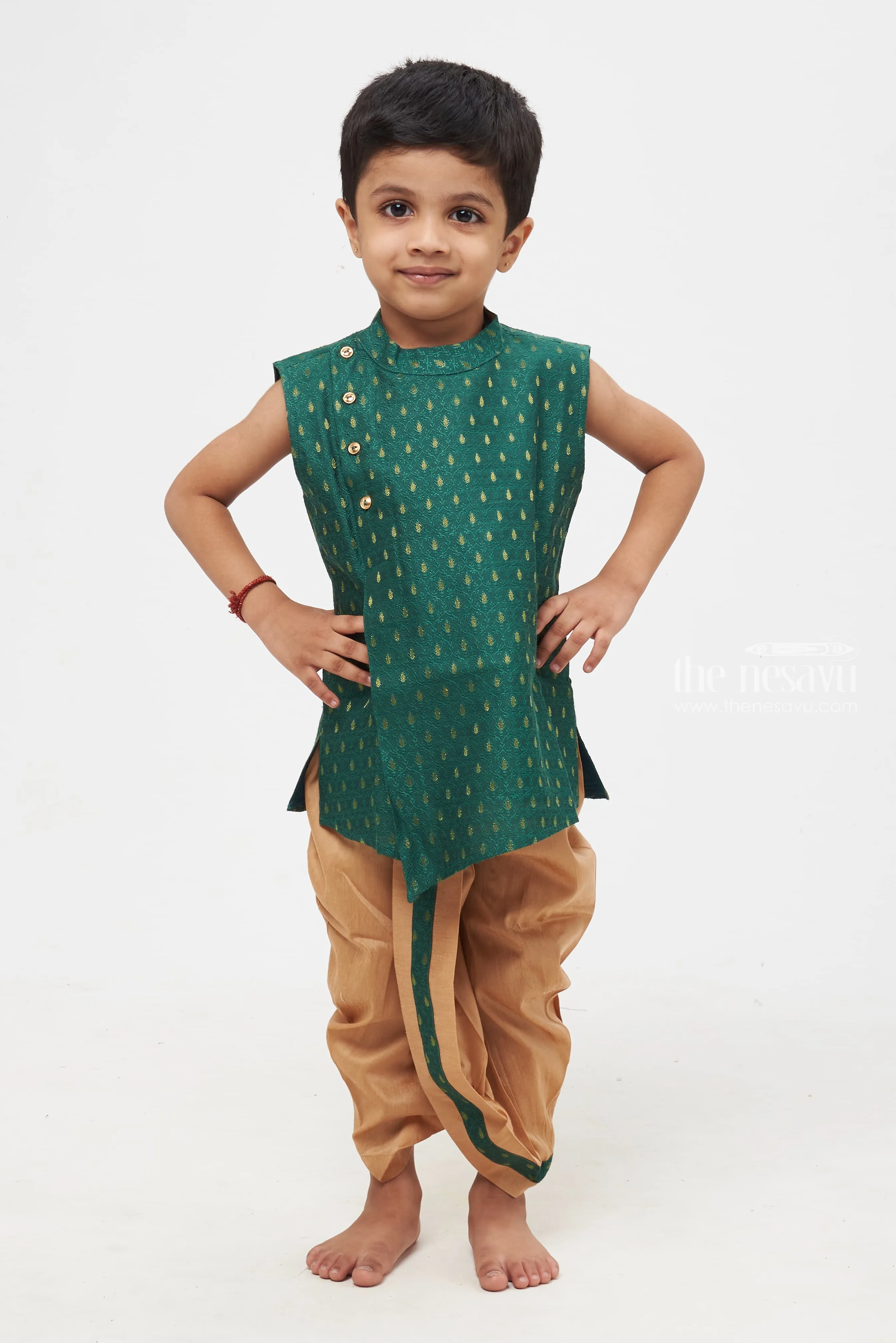 Boys Traditional Teal Green Brocade Waistcoat Set with Dual-Stripe Taupe Pants - Ethnic Festive Wear for Kids