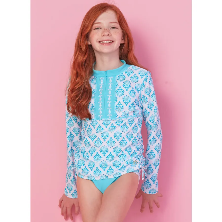 Cabana Life Classic Long Sleeve Embroidered Rashguard & Ruched Bikini 3-Pc Set K-482-AC-1040 - Amalfi Coast