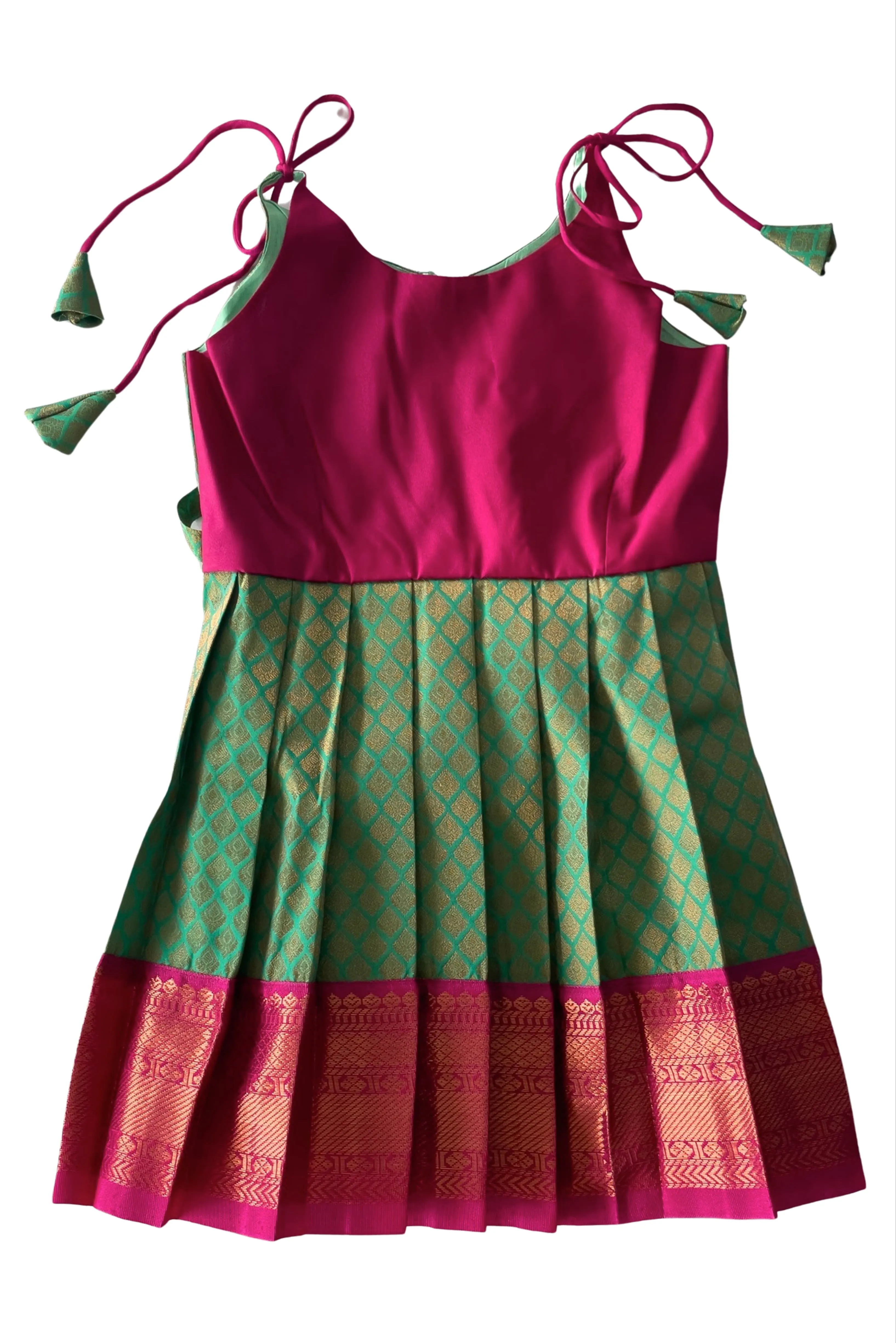 Chic Magenta and Green Tie-Up Silk Frock for Girls - Traditional Elegance