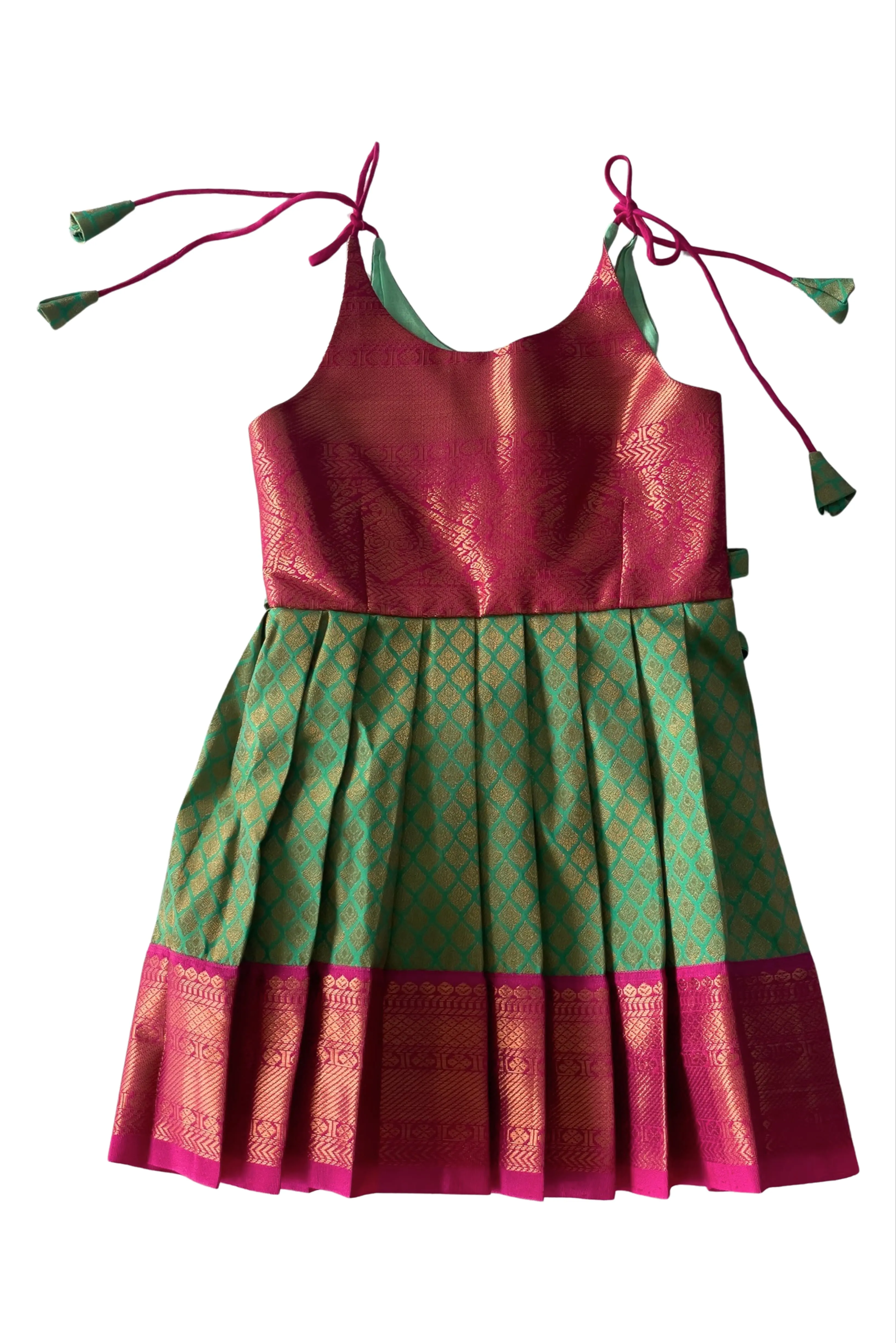 Chic Magenta and Green Tie-Up Silk Frock for Girls - Traditional Elegance