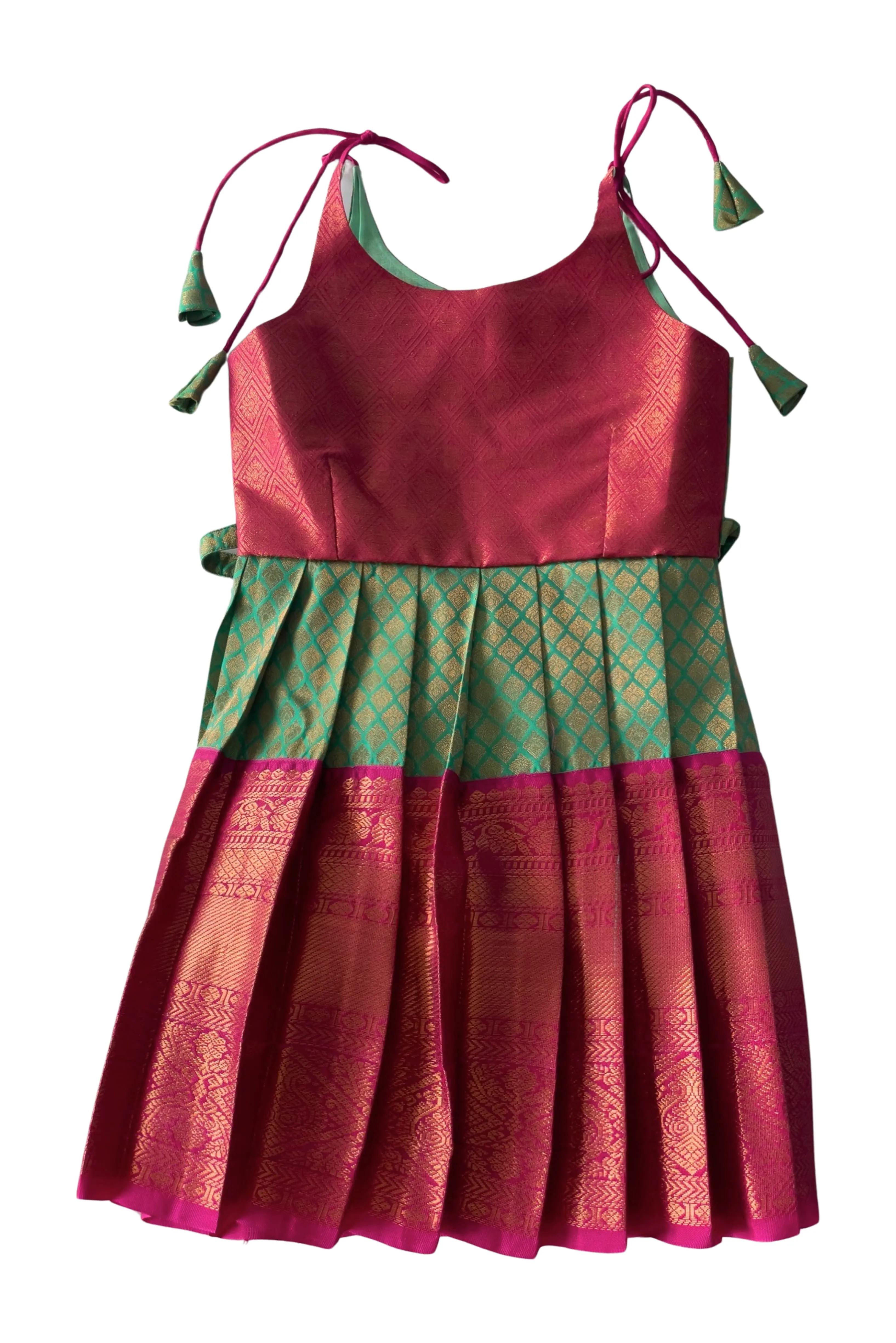 Chic Magenta and Green Tie-Up Silk Frock for Girls - Traditional Elegance