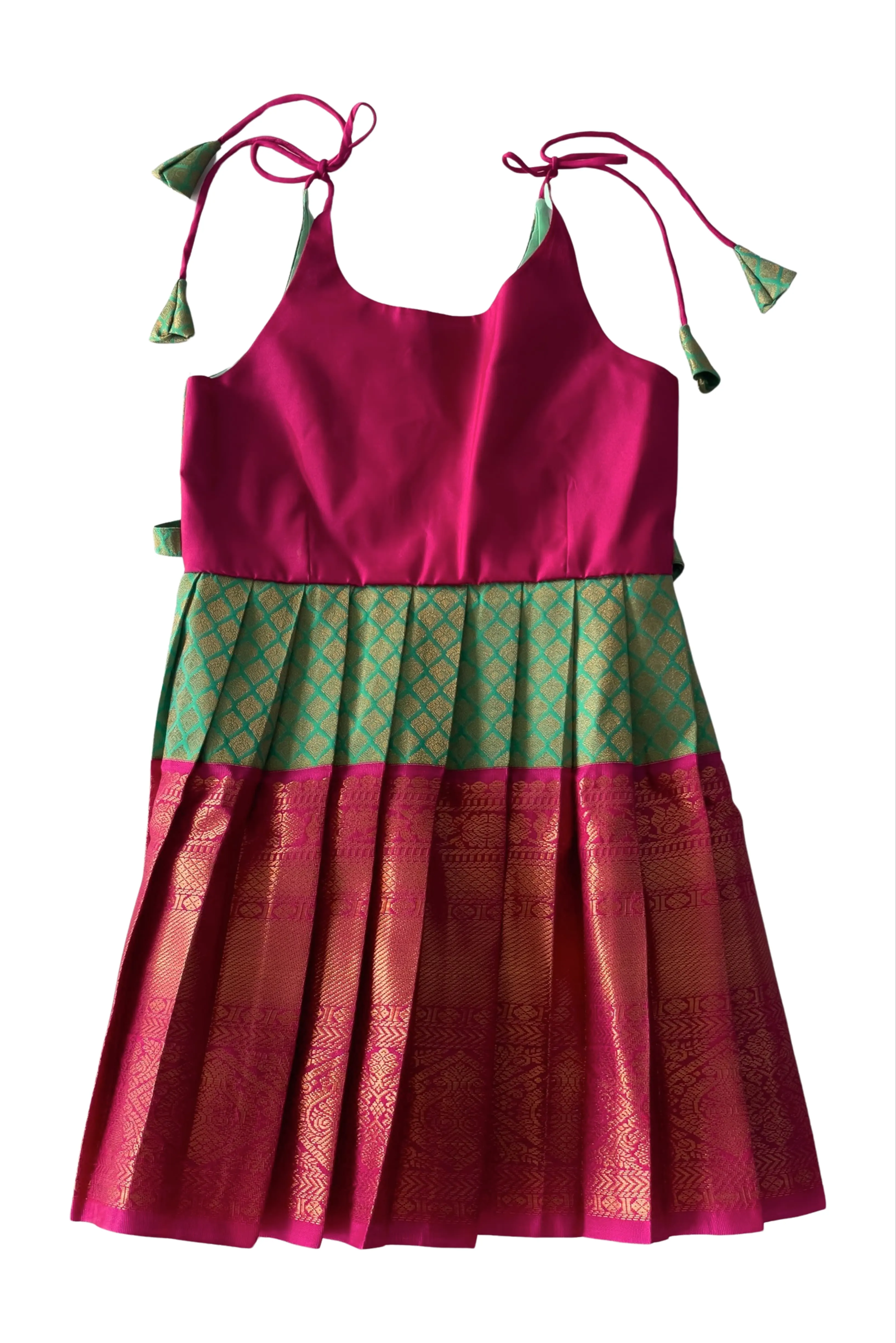 Chic Magenta and Green Tie-Up Silk Frock for Girls - Traditional Elegance