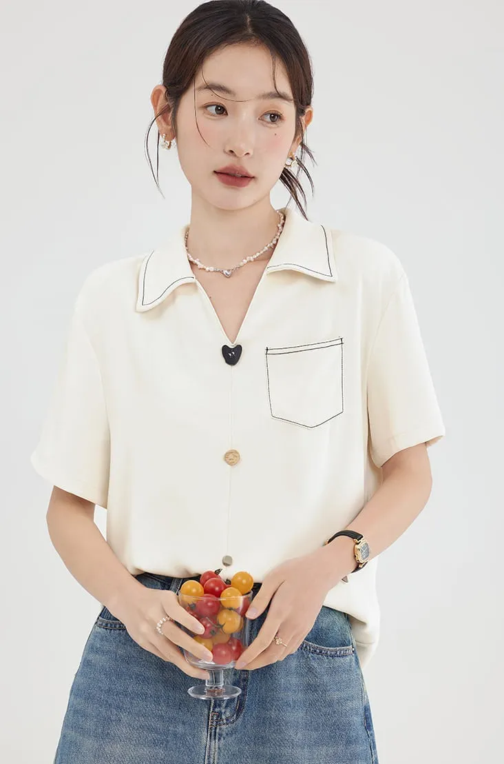 Contrast Stitch Collared Short Sleeve Top