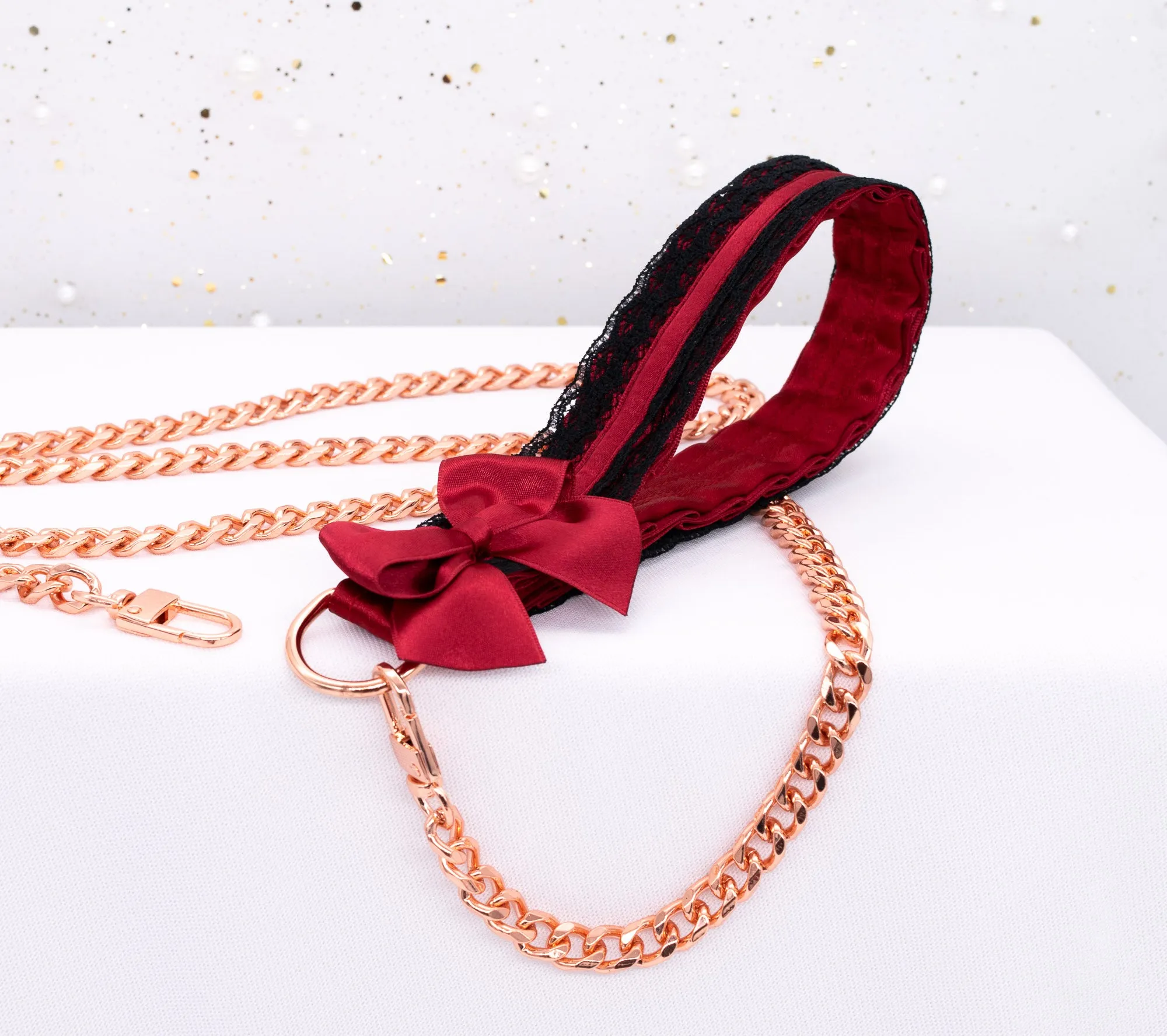 Crimson and Black Lace Collar and Leash Set in Rose Gold