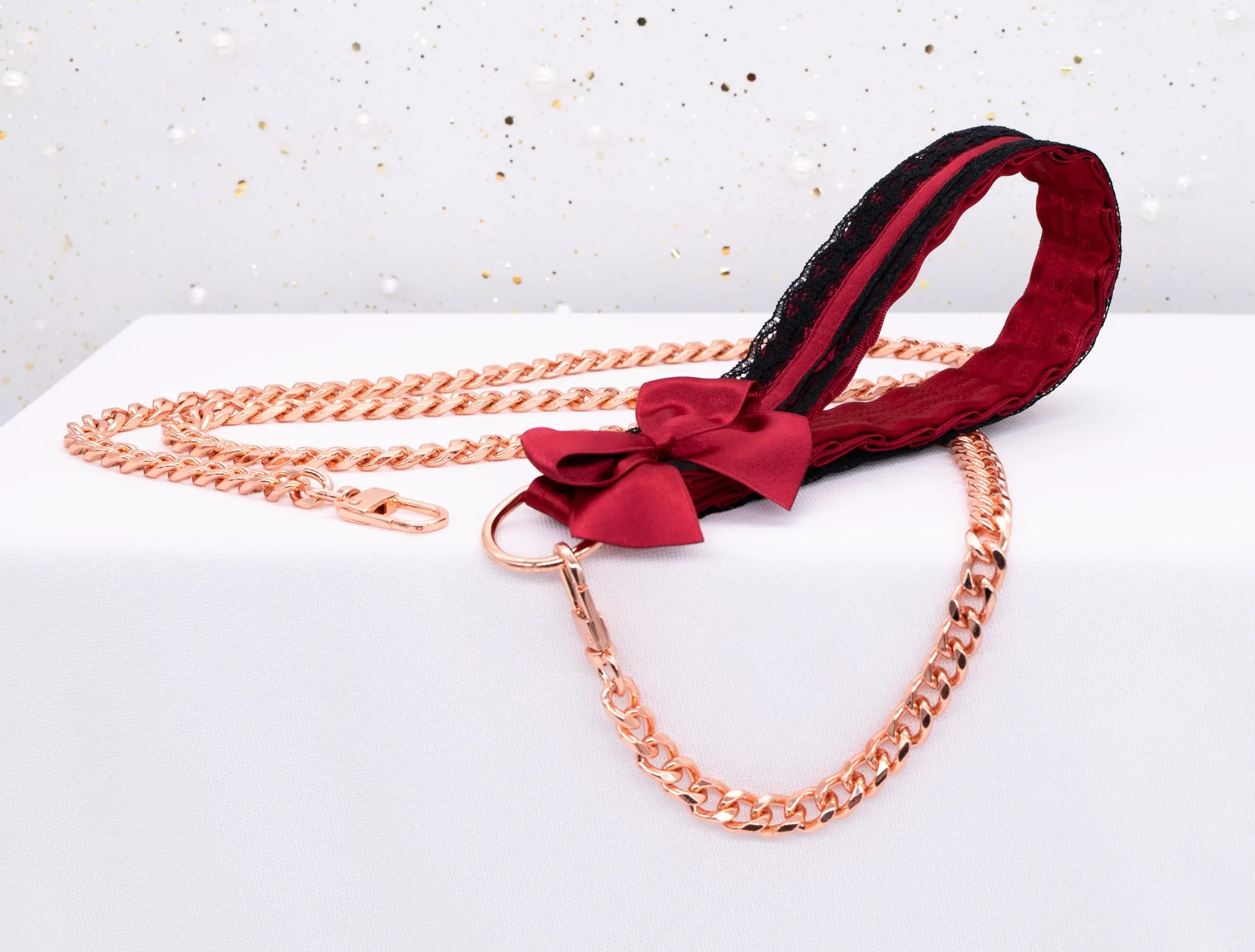 Crimson and Black Lace Collar and Leash Set in Rose Gold