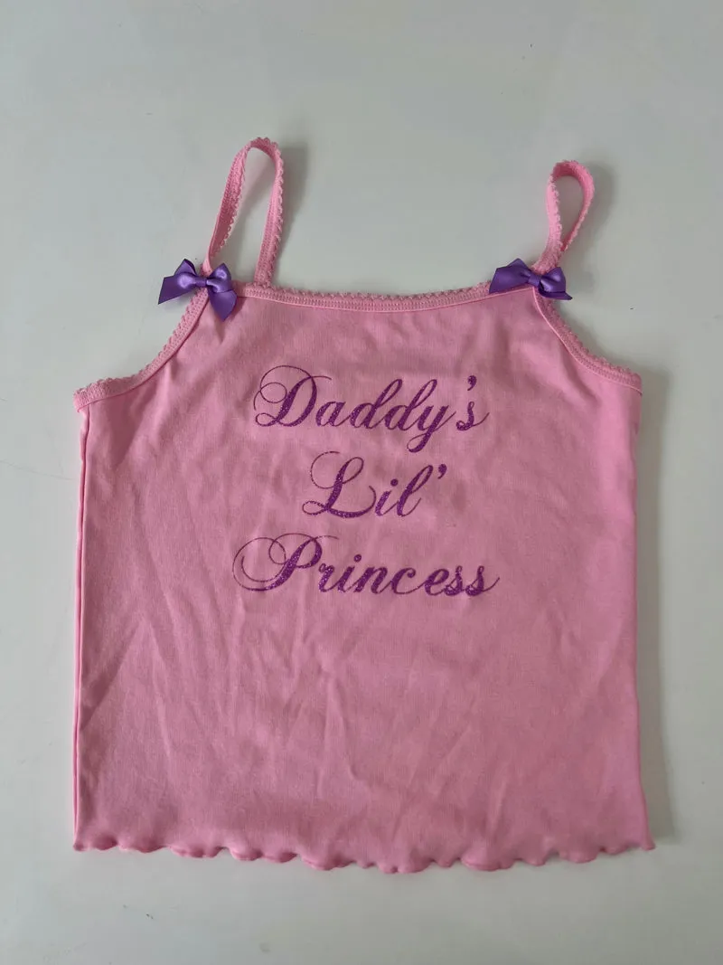 Daddy's Lil Princess Shiny Y2K Pink Bow Slim Camisole Top