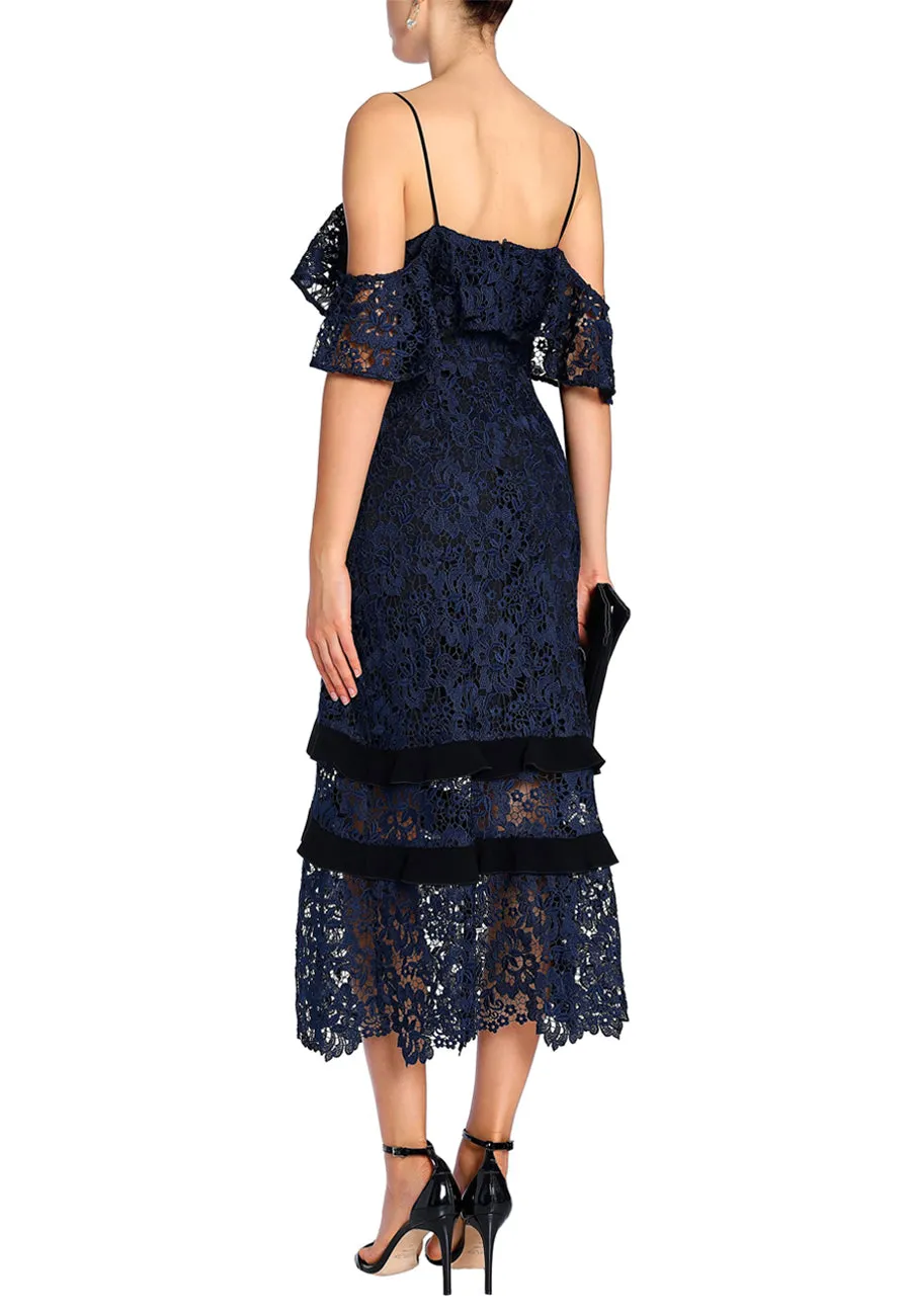 Dark Navy Poppy Off Shoulder Lace Dress