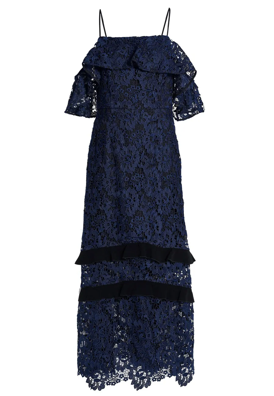 Dark Navy Poppy Off Shoulder Lace Dress