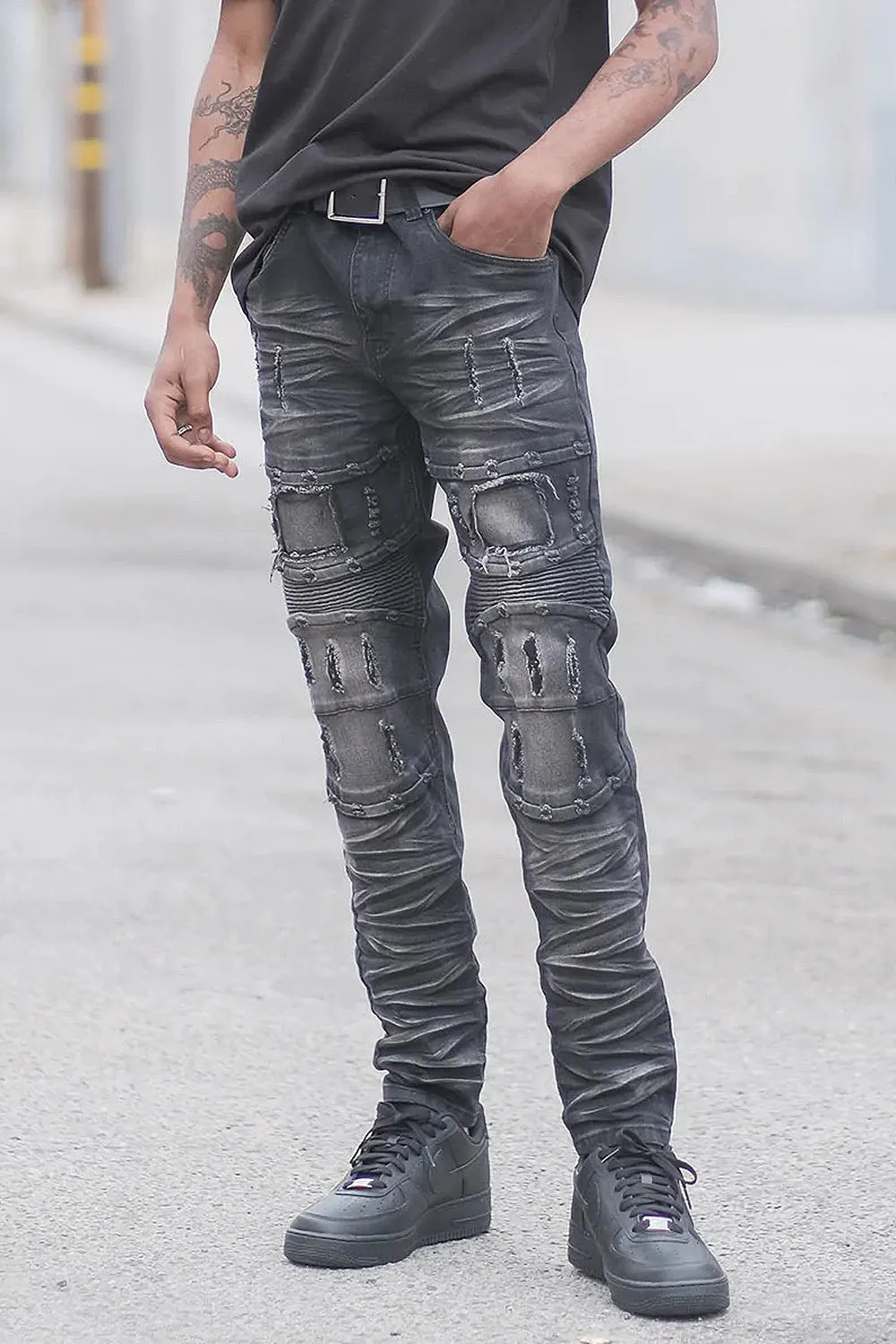 Distressed Stacked Washed Biker Denim Jeans