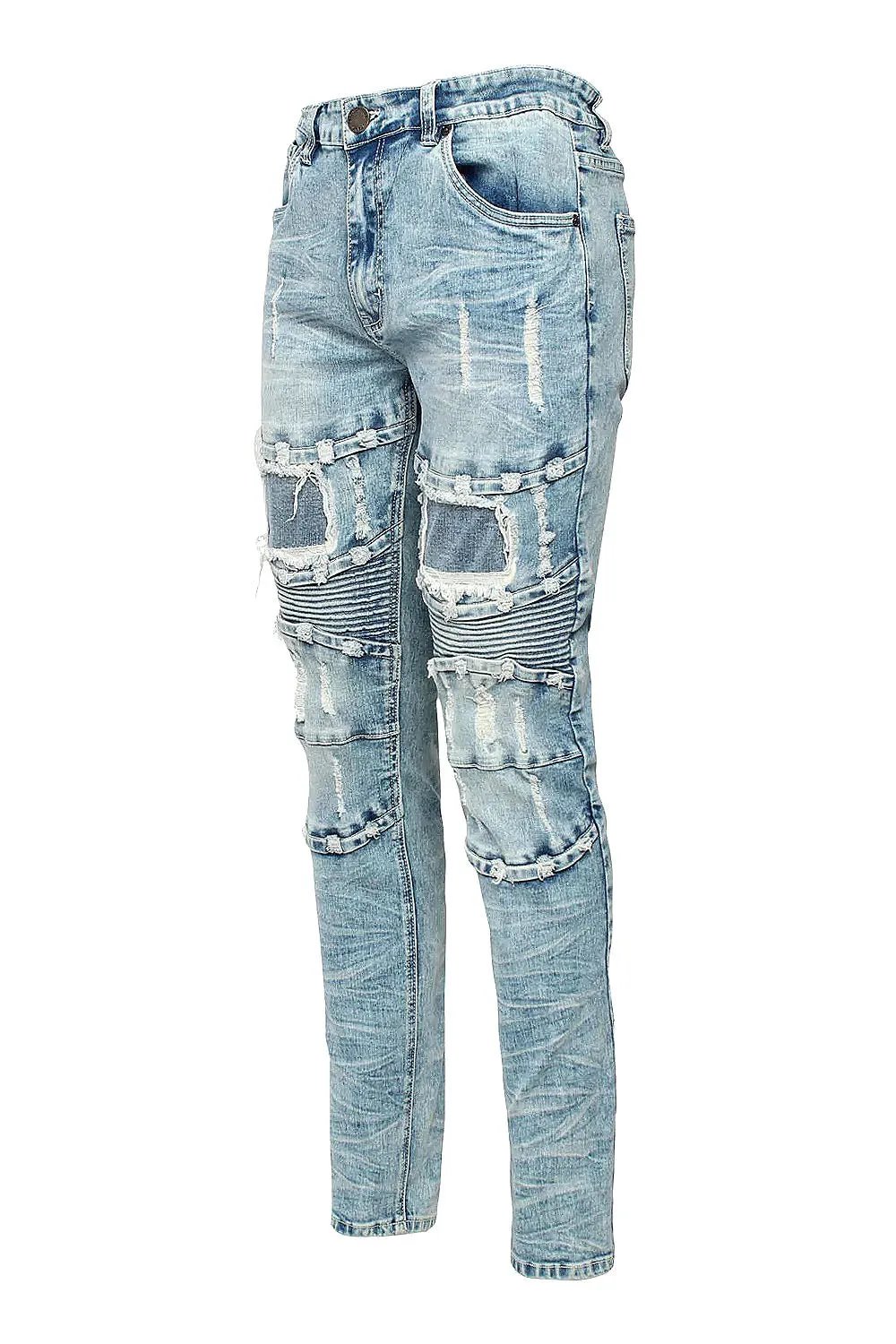 Distressed Stacked Washed Biker Denim Jeans