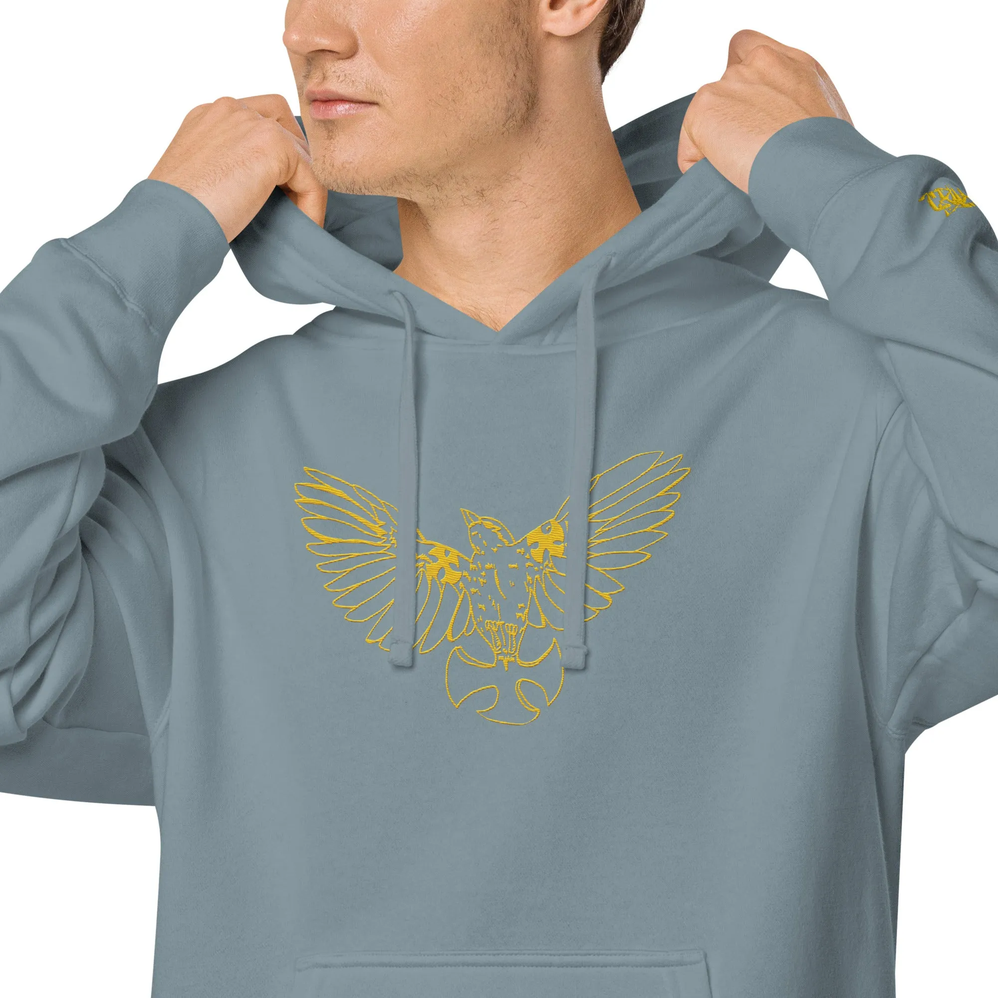 Embroidered Yellow Mockingbird pigment-dyed slate hoodie