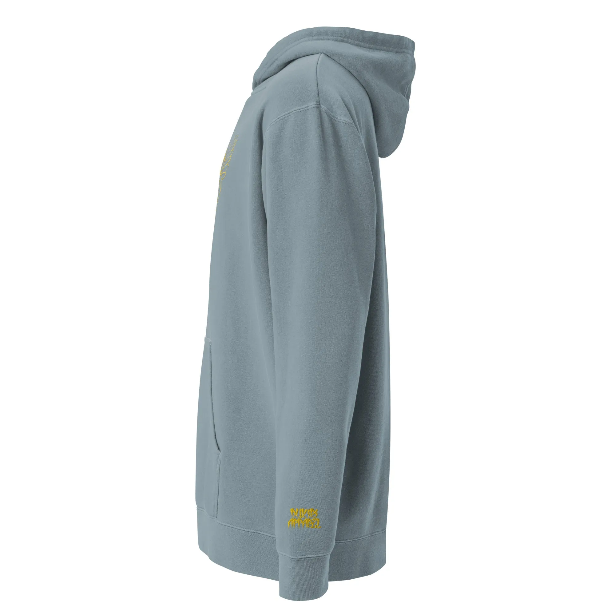 Embroidered Yellow Mockingbird pigment-dyed slate hoodie