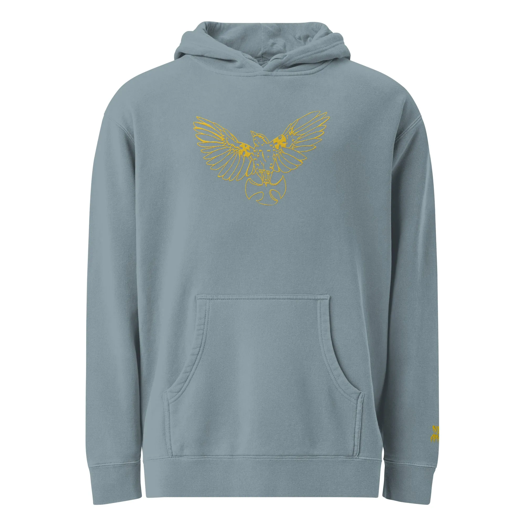 Embroidered Yellow Mockingbird pigment-dyed slate hoodie