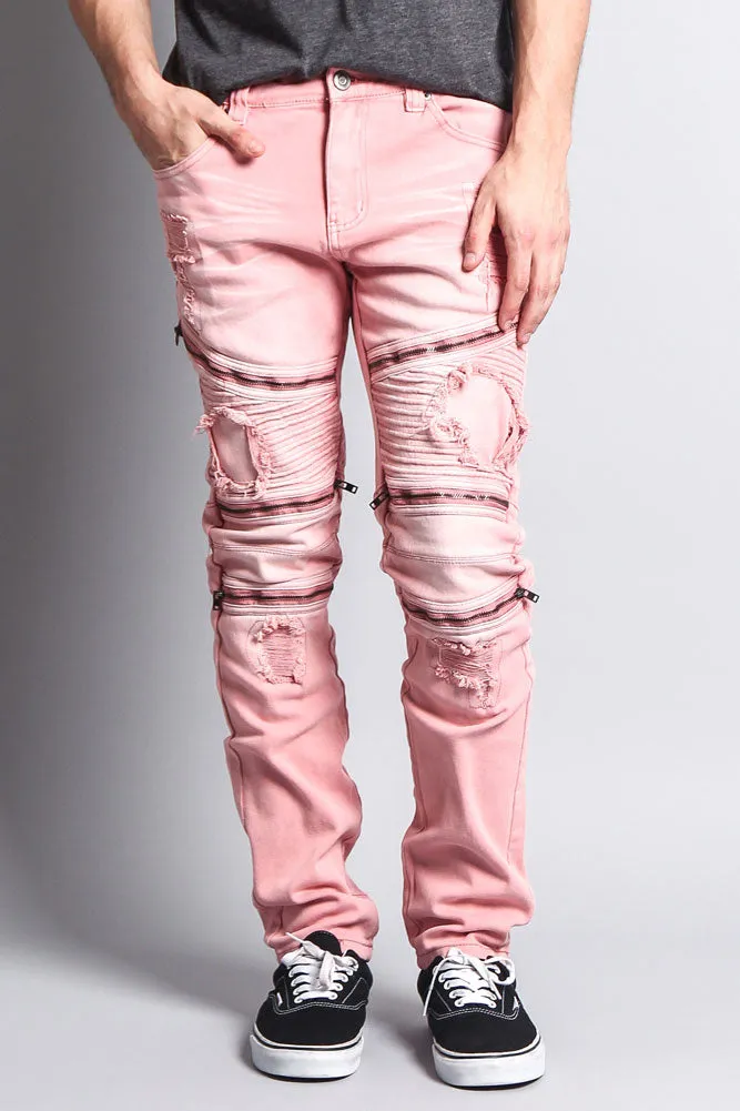 Faded Distressed Zipper Biker Jeans