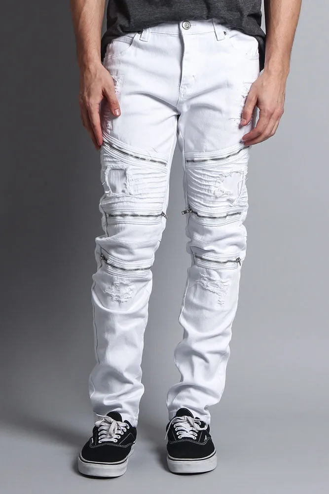 Faded Distressed Zipper Biker Jeans