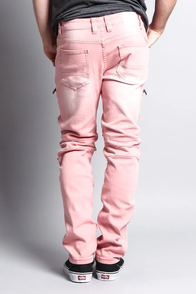 Faded Distressed Zipper Biker Jeans