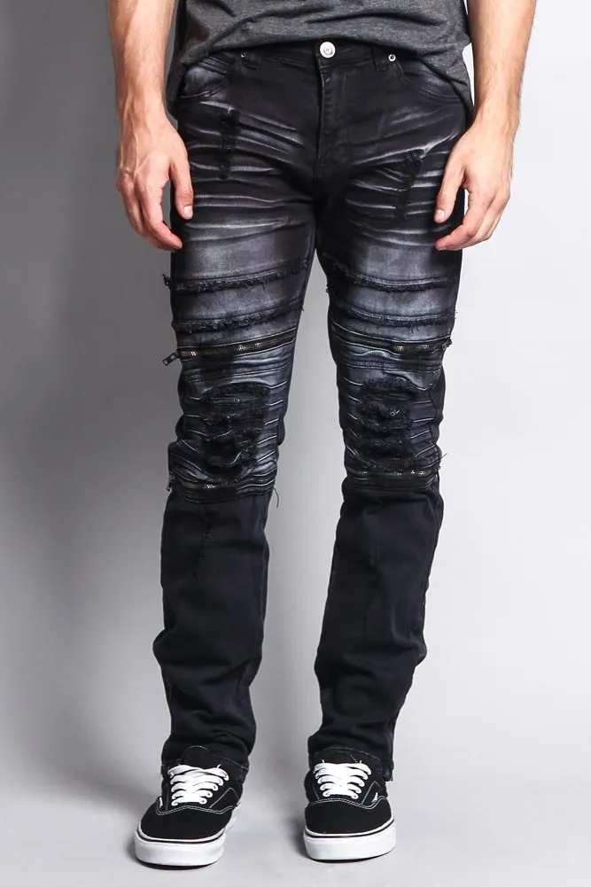 Faded Zipper Cut Distressed Knee Biker Denim Jeans