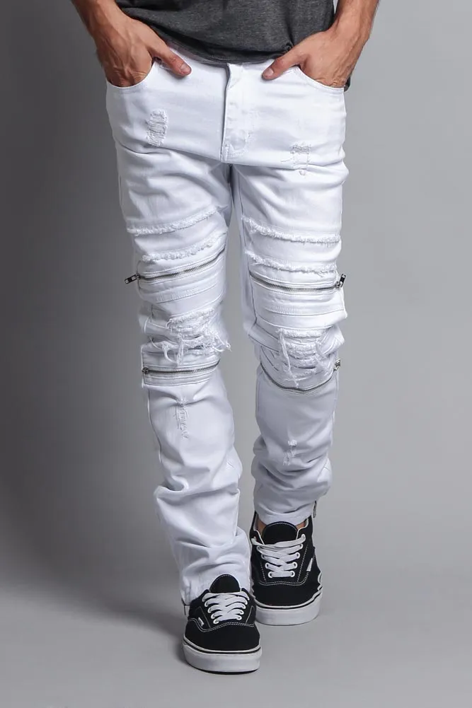 Faded Zipper Cut Distressed Knee Biker Denim Jeans