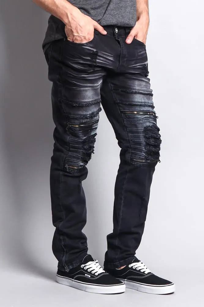 Faded Zipper Cut Distressed Knee Biker Denim Jeans