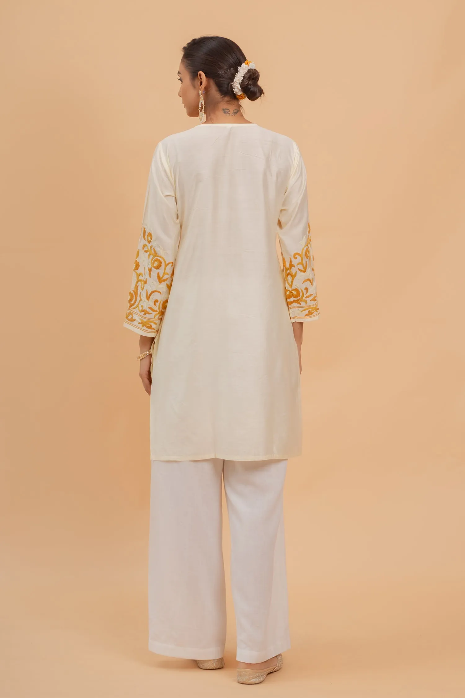 Falak Kashmiri Long Kurta In Chanderi Silk With Yellow Embroidery