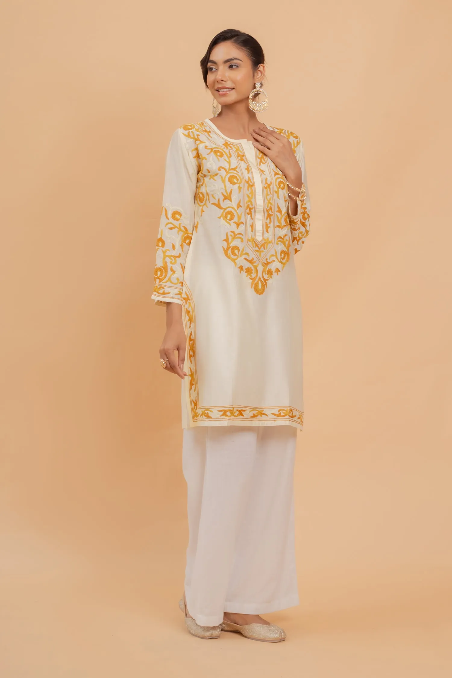 Falak Kashmiri Long Kurta In Chanderi Silk With Yellow Embroidery