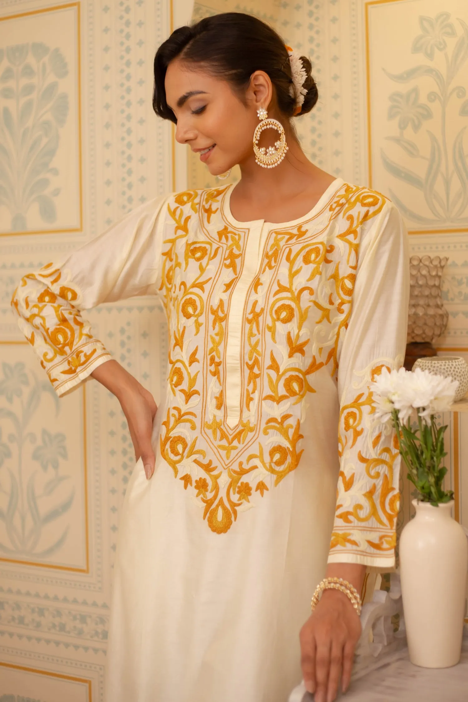 Falak Kashmiri Long Kurta In Chanderi Silk With Yellow Embroidery