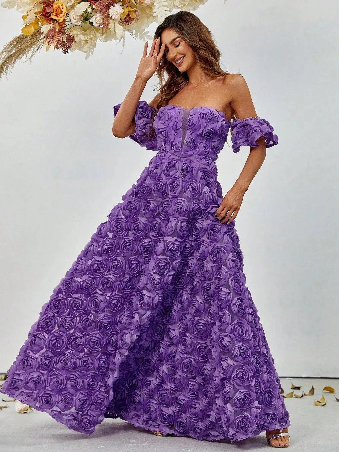 Floral Applique Off Shoulder Floor Length Formal Dresses