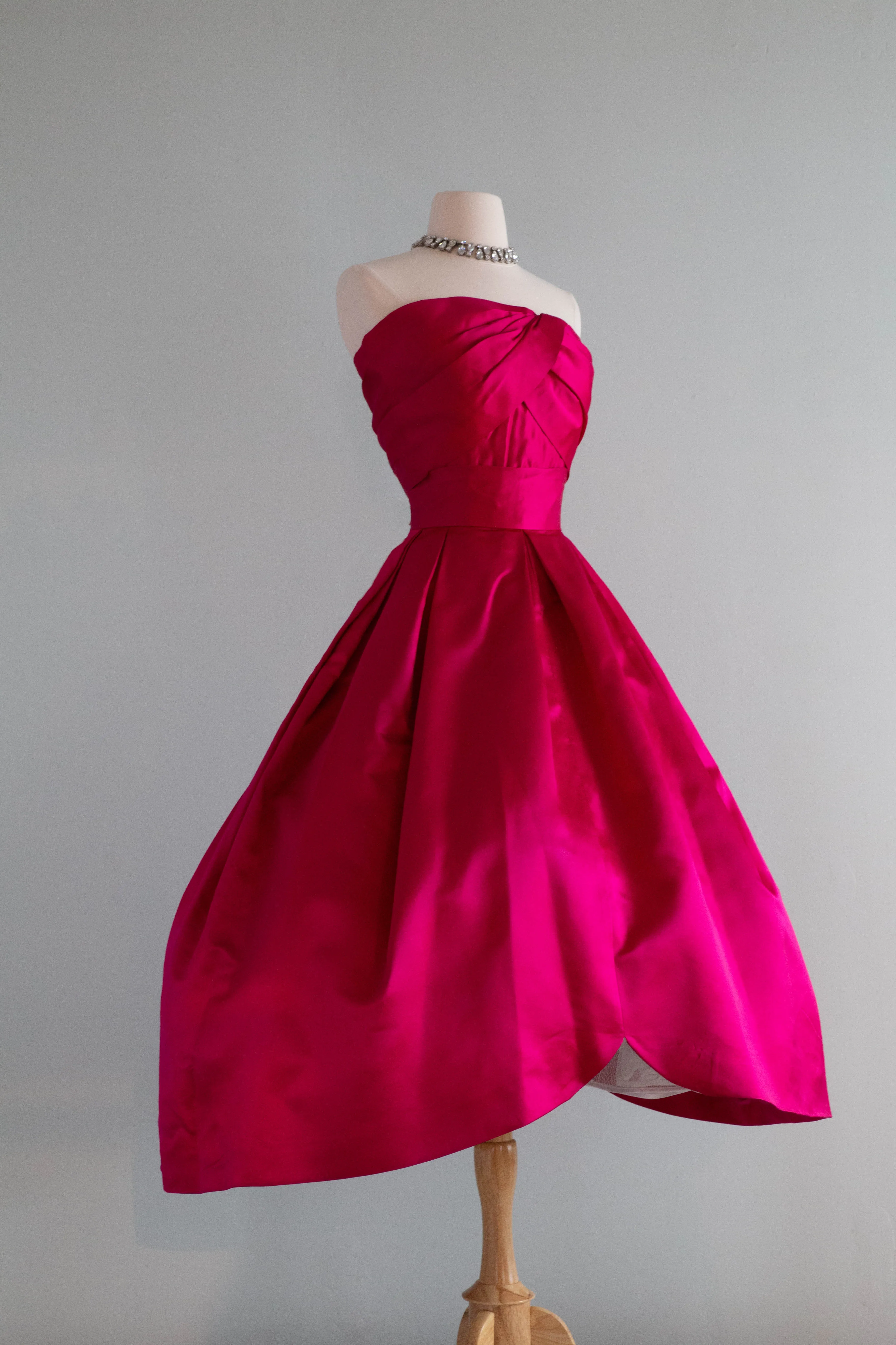 *Hattie Carnegie Couture Shocking Pink 1950's Silk Petal Skirt Evening Dress / Small