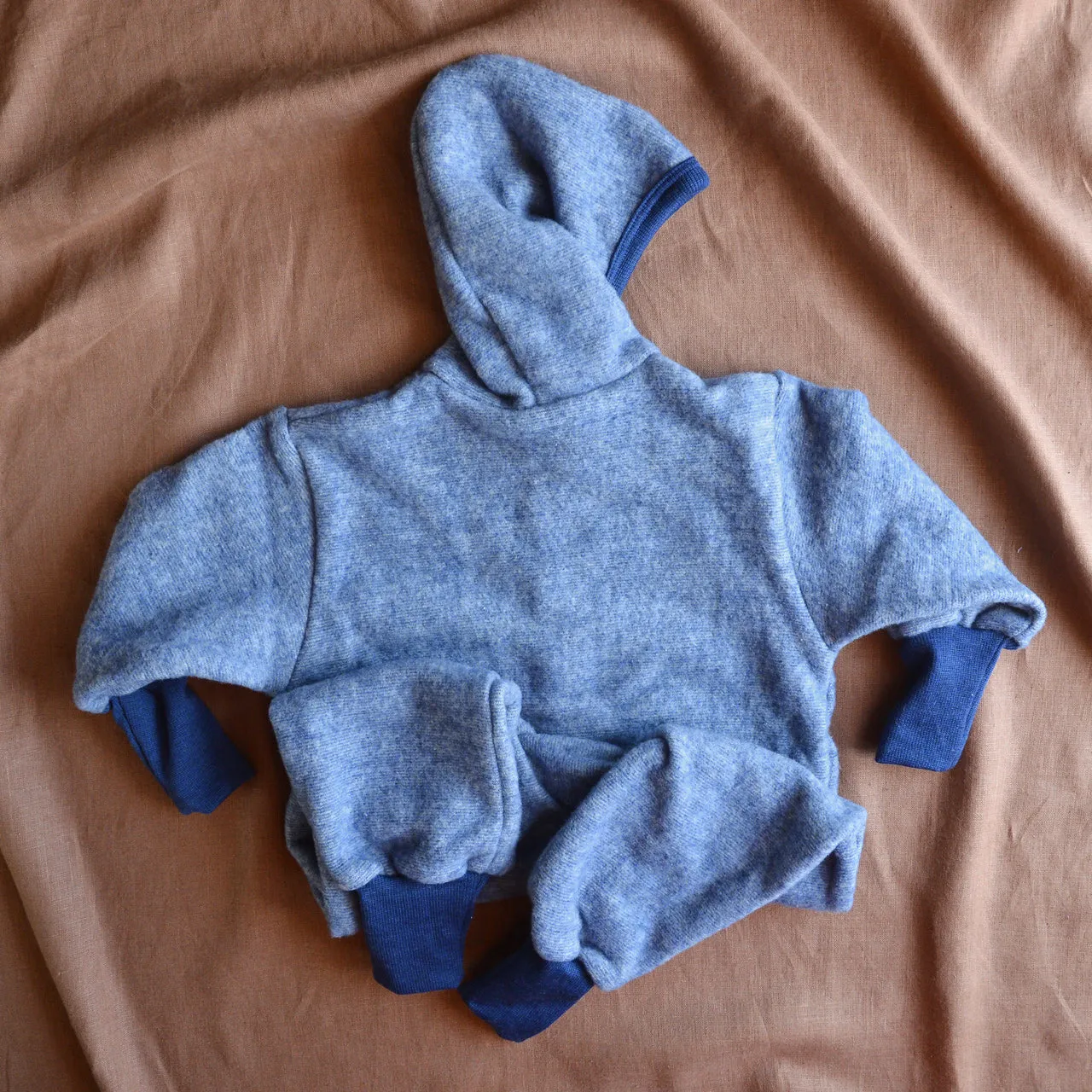 Hooded Overalls - Organic Wool/Cotton Fleece - Blue Melange (6m-3y)