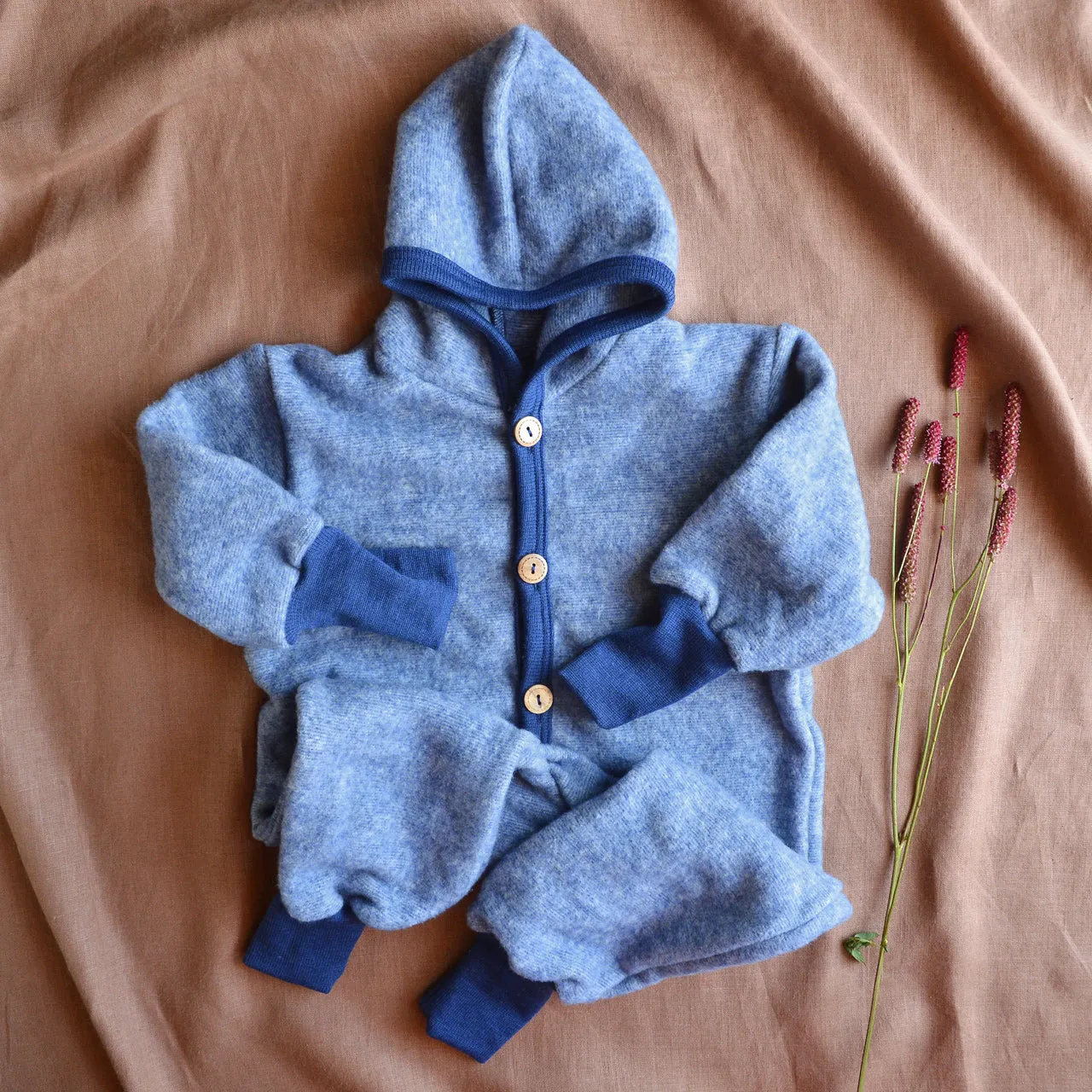 Hooded Overalls - Organic Wool/Cotton Fleece - Blue Melange (6m-3y)