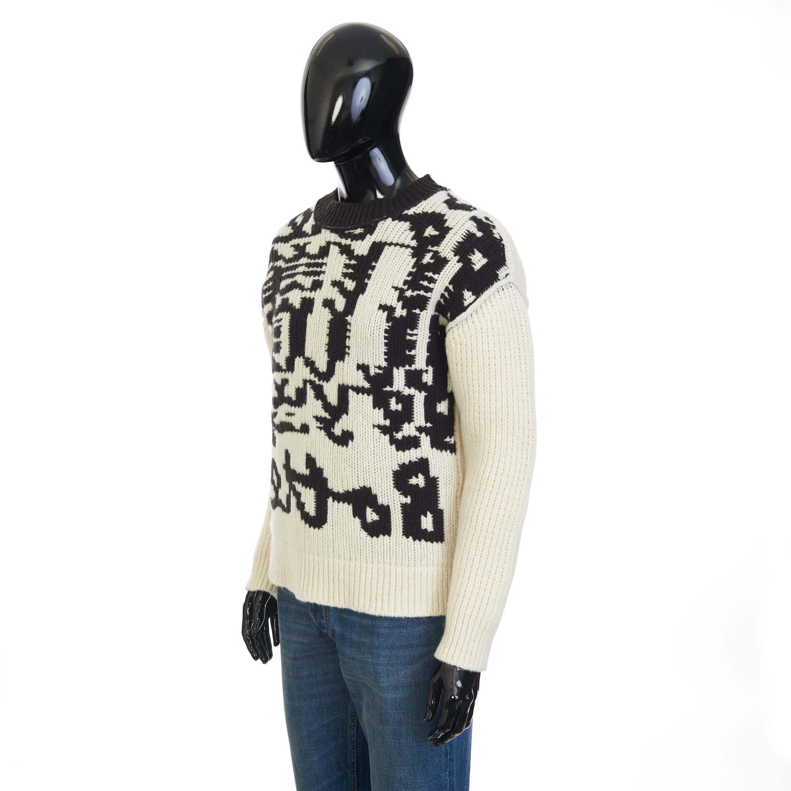 Jumper With Bottega Jacquard Graphic Writing In Black & White Wool