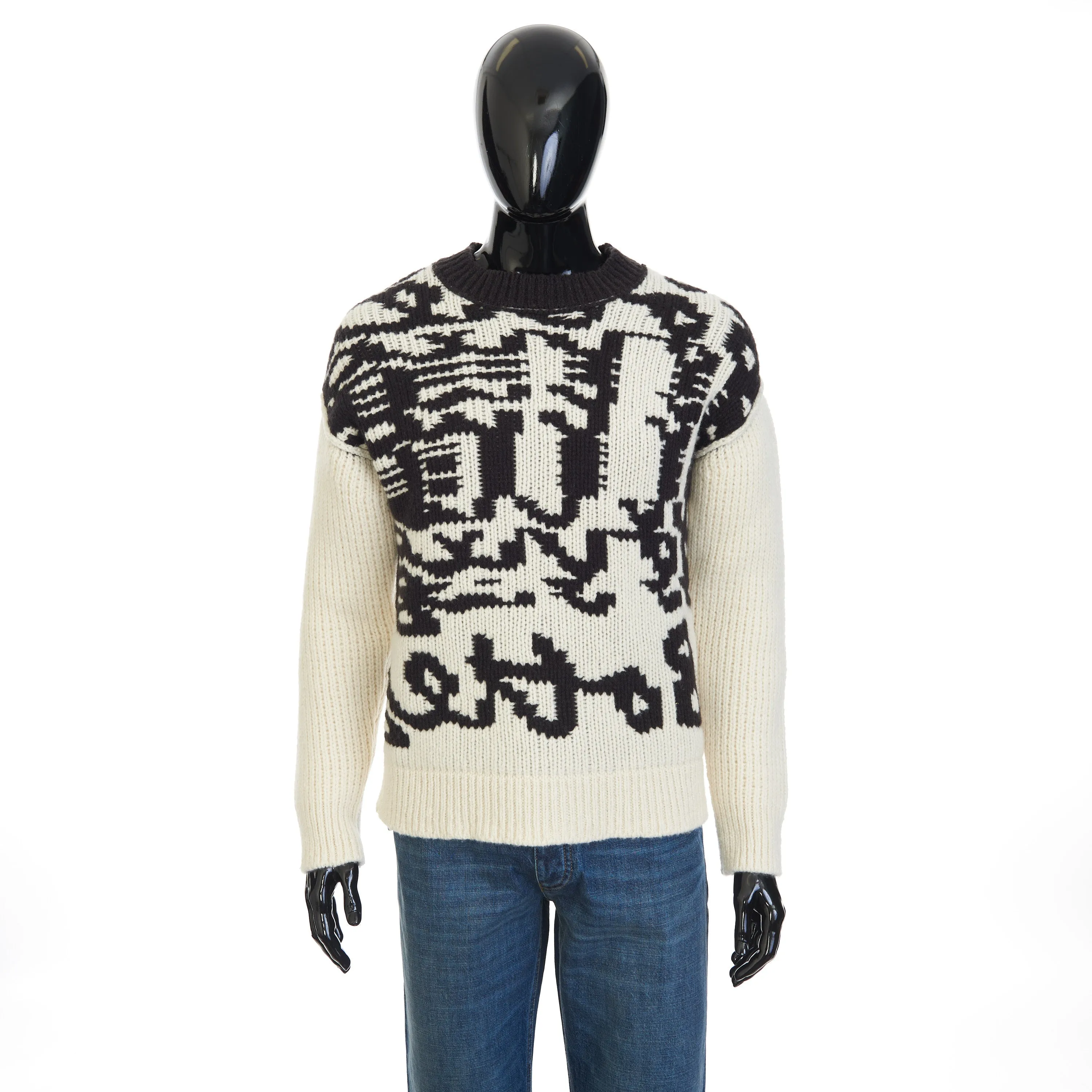 Jumper With Bottega Jacquard Graphic Writing In Black & White Wool