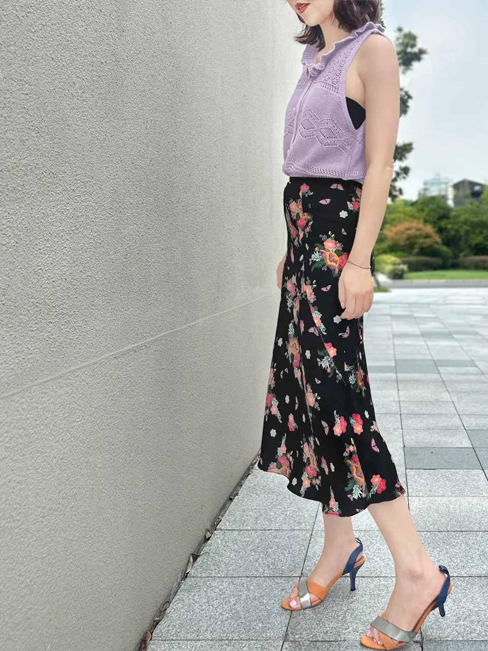 Last Chance! Black Floral Layered Waist A-line Breezy Midi Skirt